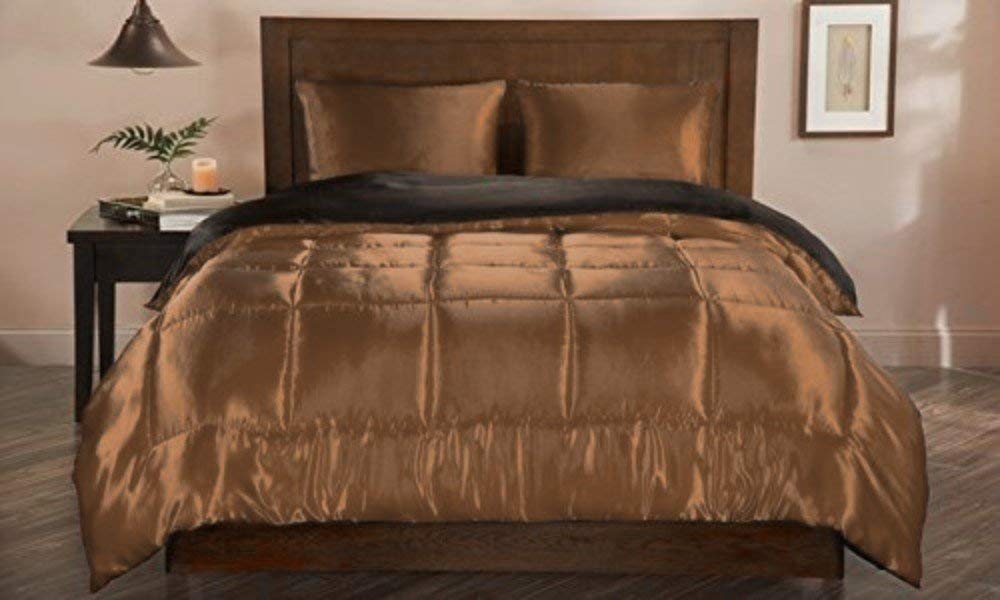 Premium 5-Piece California King Bedding Set - 100% Cotton Satin Silk Comforter with 4 Pillowcases, Chocolate Brown - Ultra Soft Luxury Quilted Bed in a Bag for Master Bedroom, Guest Room & Hotel Style Decor
