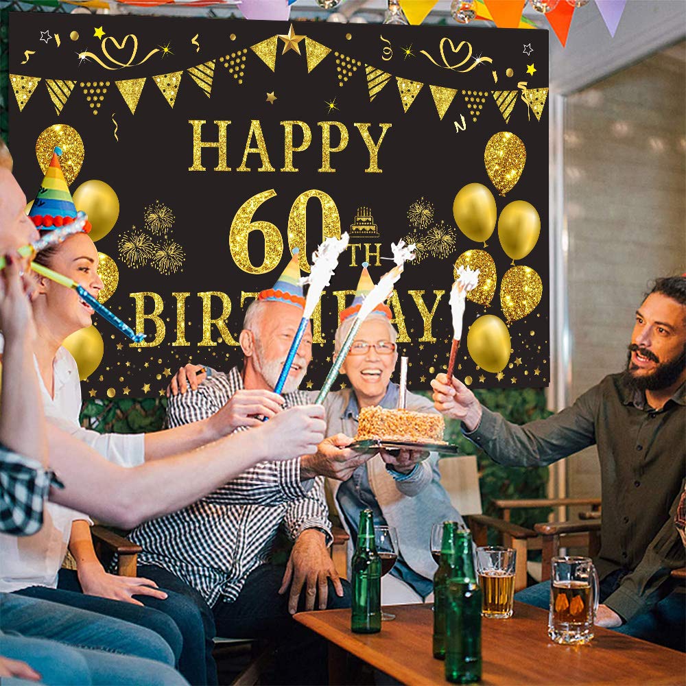 Trgowaul 60th Birthday Backdrop - 5.9x3.6ft Gold & Black Photography Background for Women & Men - Perfect for Milestone Birthday Parties, Photo Booths & Anniversary Celebrations