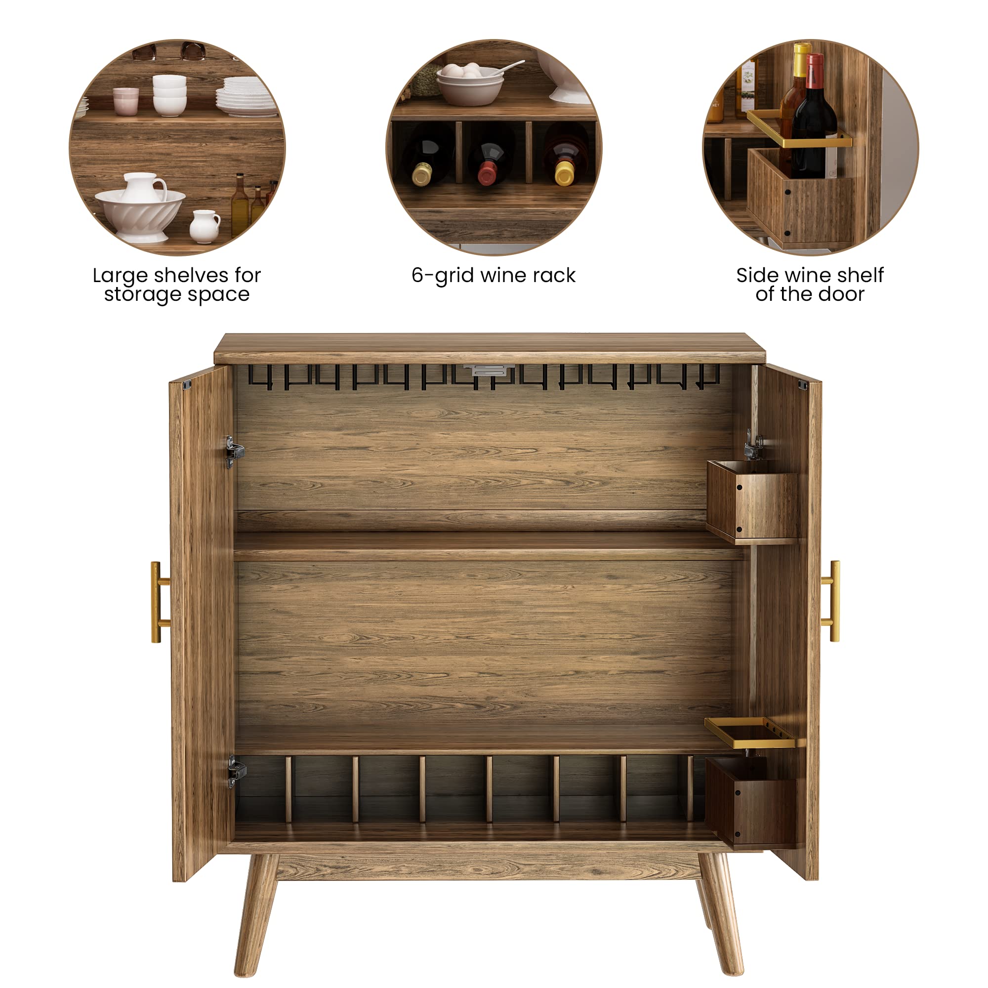 AWQM Sideboard Buffet Cabinet with Double Doors - Wine Bar Storage Cabinet with Wine Rack & Glass Holder - Modern Brown Sideboard for Dining Room, Living Room, Kitchen - Perfect for Home Bar, Wine Storage & Display