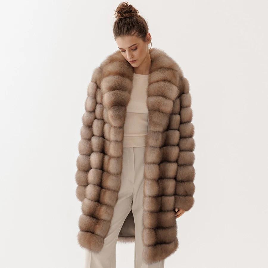 Luxury Women's Natural Fox Fur Long Coat - Warm Winter Outerwear for Fashion & Formal Occasions