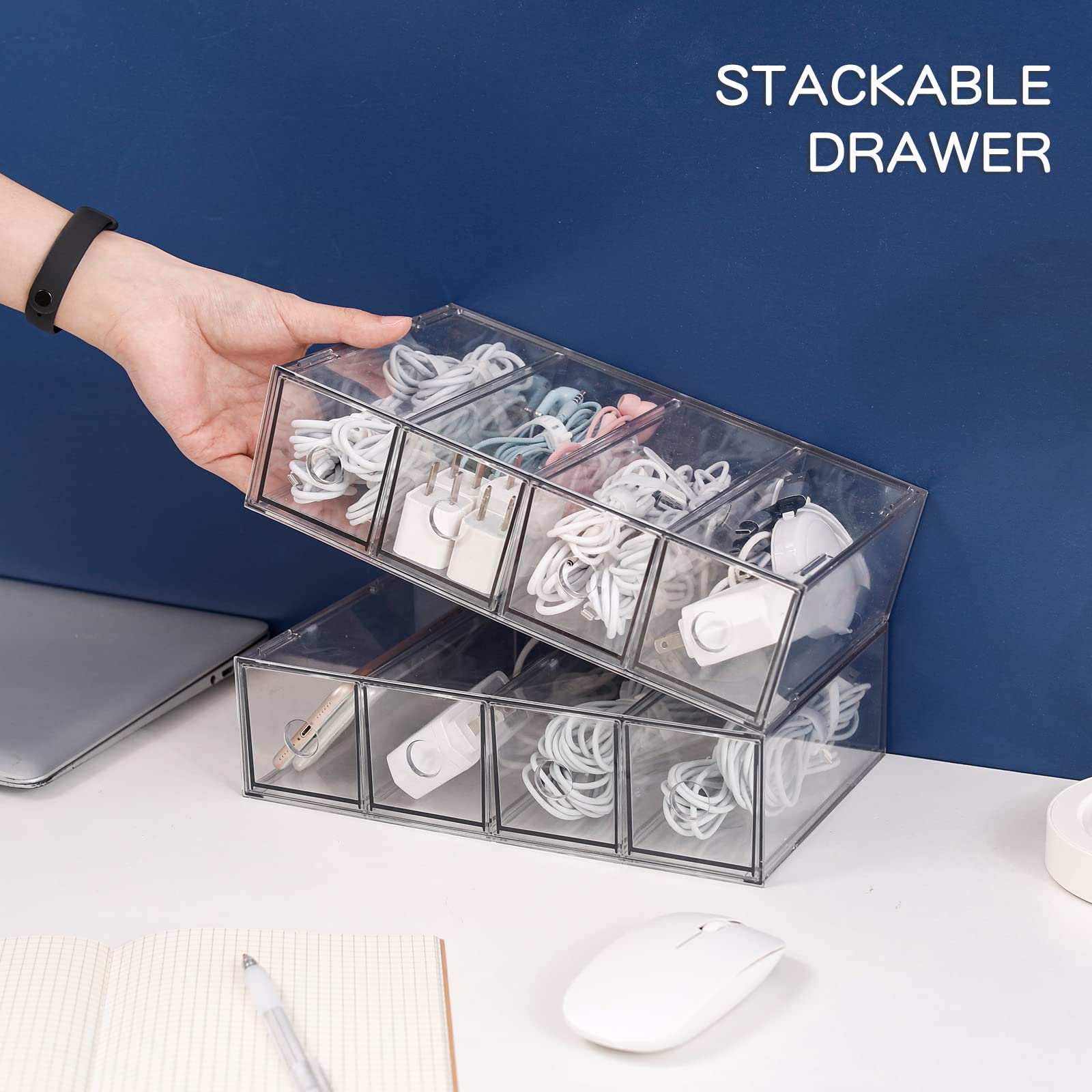 Yesesion 2-Pack Clear Cord Organizer - Cable Storage Box with 40 Wire Ties for Desk & Office Organization