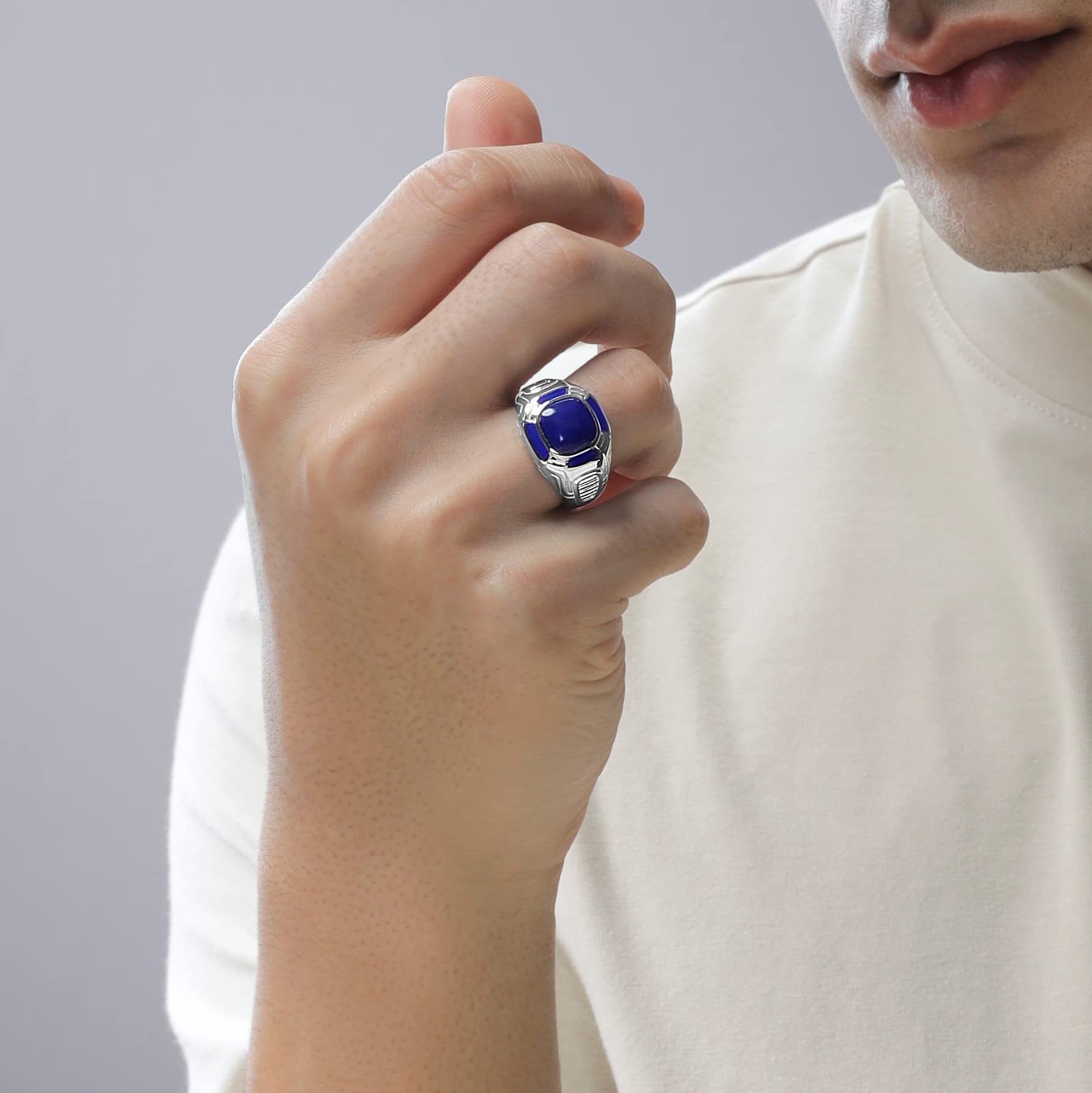 Jewelili Star Wars™ Fine Jewelry R2 Series Men's Ring - Sterling Silver Band with Lapis Gemstone | Official Star Wars Gift for Men | Includes Gift Box | Perfect for Cosplay, Collectors & Sci-Fi Fans