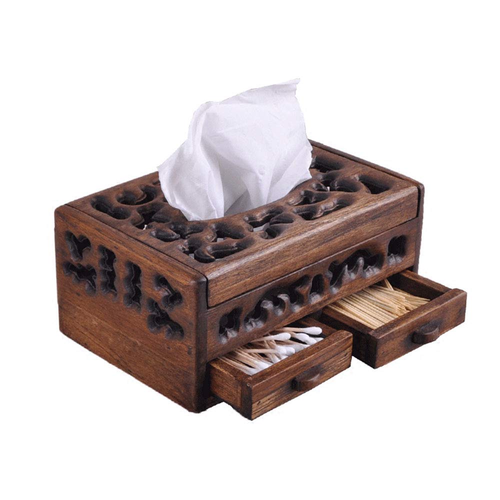 Vintage Wooden Tissue Box with 2 Small Drawers - Multifunctional Home Decor Organizer (Holds 80-100 Tissues) - Perfect for Bedroom, Office & Living Room Storage Solutions