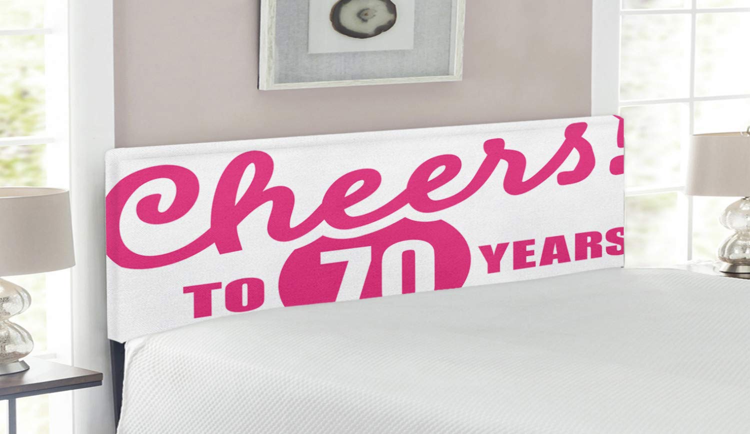 Ambesonne 70th Birthday Headboard - Cheers to 70 Years Calligraphy Design, Upholstered Metal Bed Frame with Memory Foam, Queen Size in Hot Pink & Black - Perfect for Birthday Party Decorations & Bedroom Makeovers