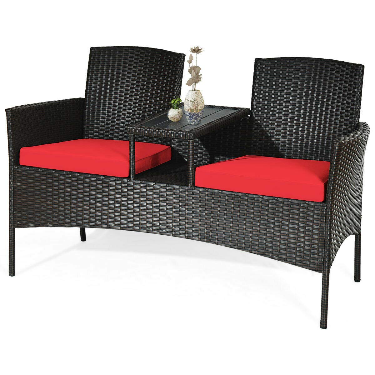RELAX4LIFE Outdoor Rattan Wicker Conversation Set with Coffee Table & 2 Removable Cushion Chairs - Patio, Garden, Balcony, Lawn Furniture Loveseat (Brown+Red) - Perfect for Backyard Relaxation, Poolside Lounging & Outdoor Entertaining