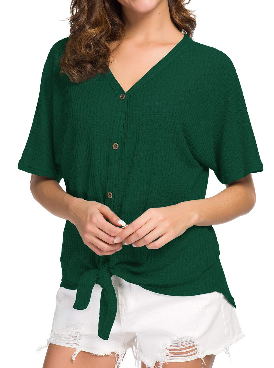 IWOLLENCE Women's Waffle Knit Tunic Blouse - Tie Knot Short Sleeve Henley Top, Loose Fit Batwing Shirt for Casual Wear, Office & Date Night Outfits