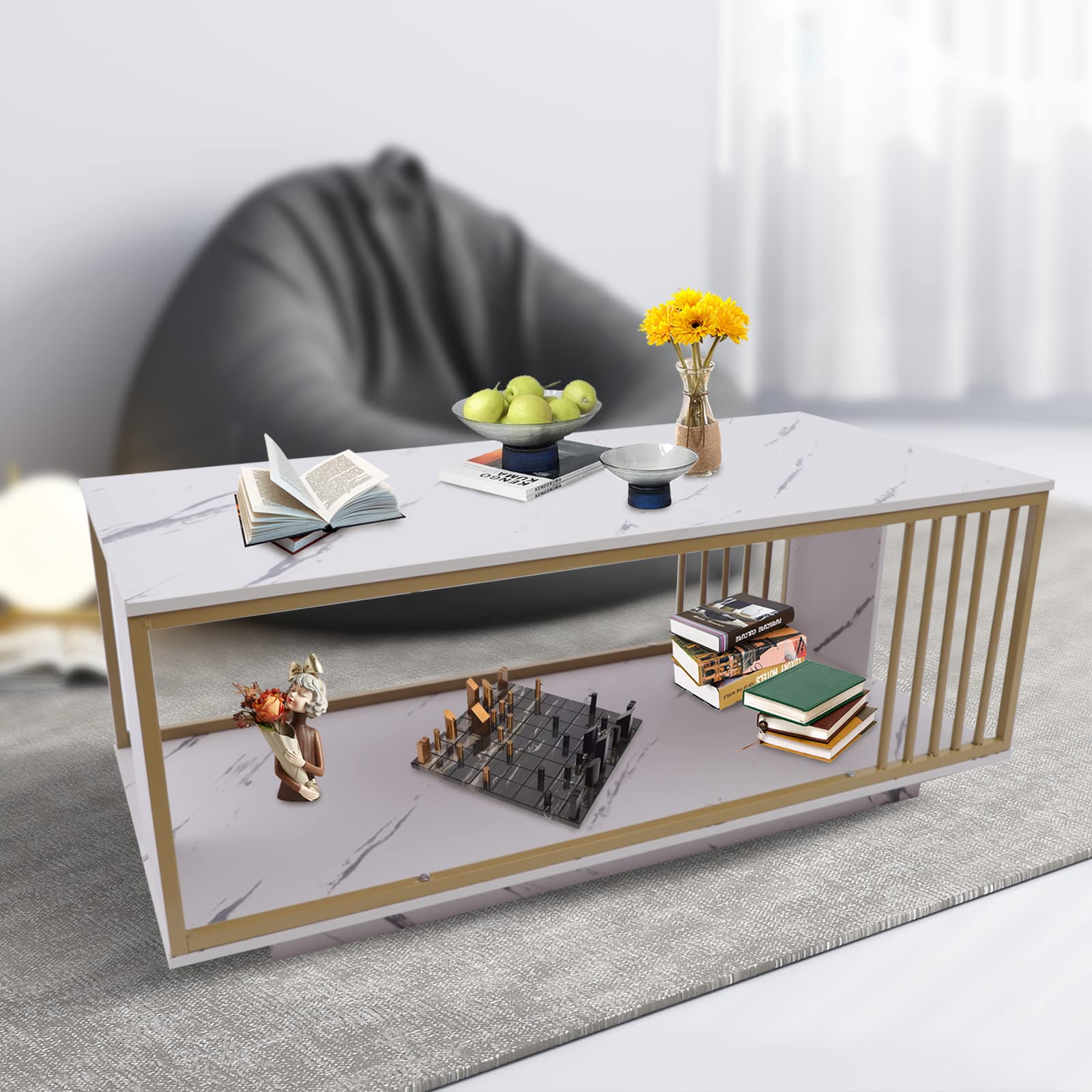 Modern Marble Coffee Table with Storage Shelf - 2-Tier Living Room Center Table for Home & Office Decor | Stylish Furniture for Small Spaces, Apartments & Lounge Areas