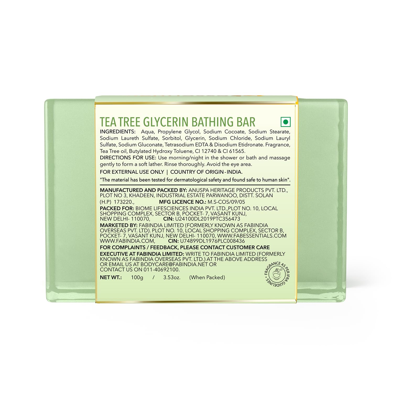 Fabessentials Tea Tree Glycerin Soap Bar - 100g | Natural Vegan Bath Soap for Cleansing & Moisturizing Skin | Toxin-Free, Glycerin-Rich Formula | Gentle Soap for Dry & Sensitive Skin | Perfect for Daily Shower, Spa & Skincare Routine