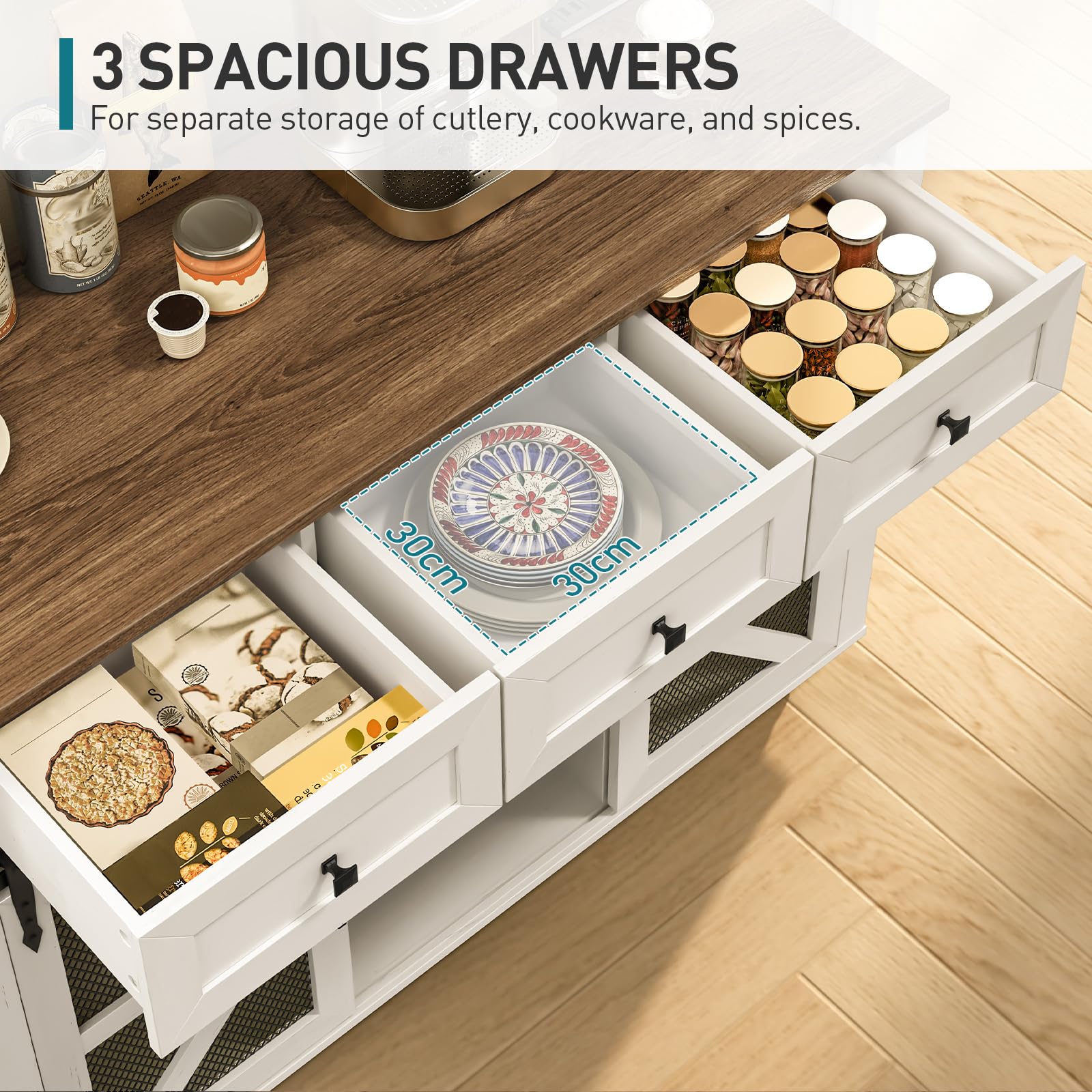 White and Walnut Kitchen Island with Storage, 3 Drawers, Barn Doors & Spice Rack | Rolling Kitchen Cart with Charging Station & Drop-Leaf Table | Perfect for Small Kitchens, Breakfast Bars & Home Organization