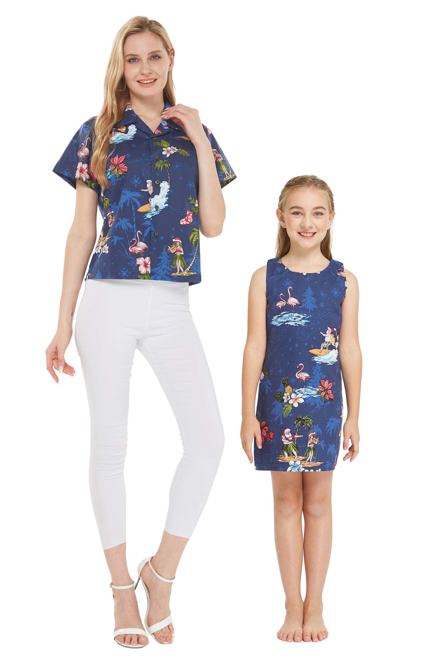 Hawaiian Matching Mother and Daughter Outfits - Floral Christmas Shirt & Tank Dress Set for Family Vacation, Beach Party, Holiday Photos