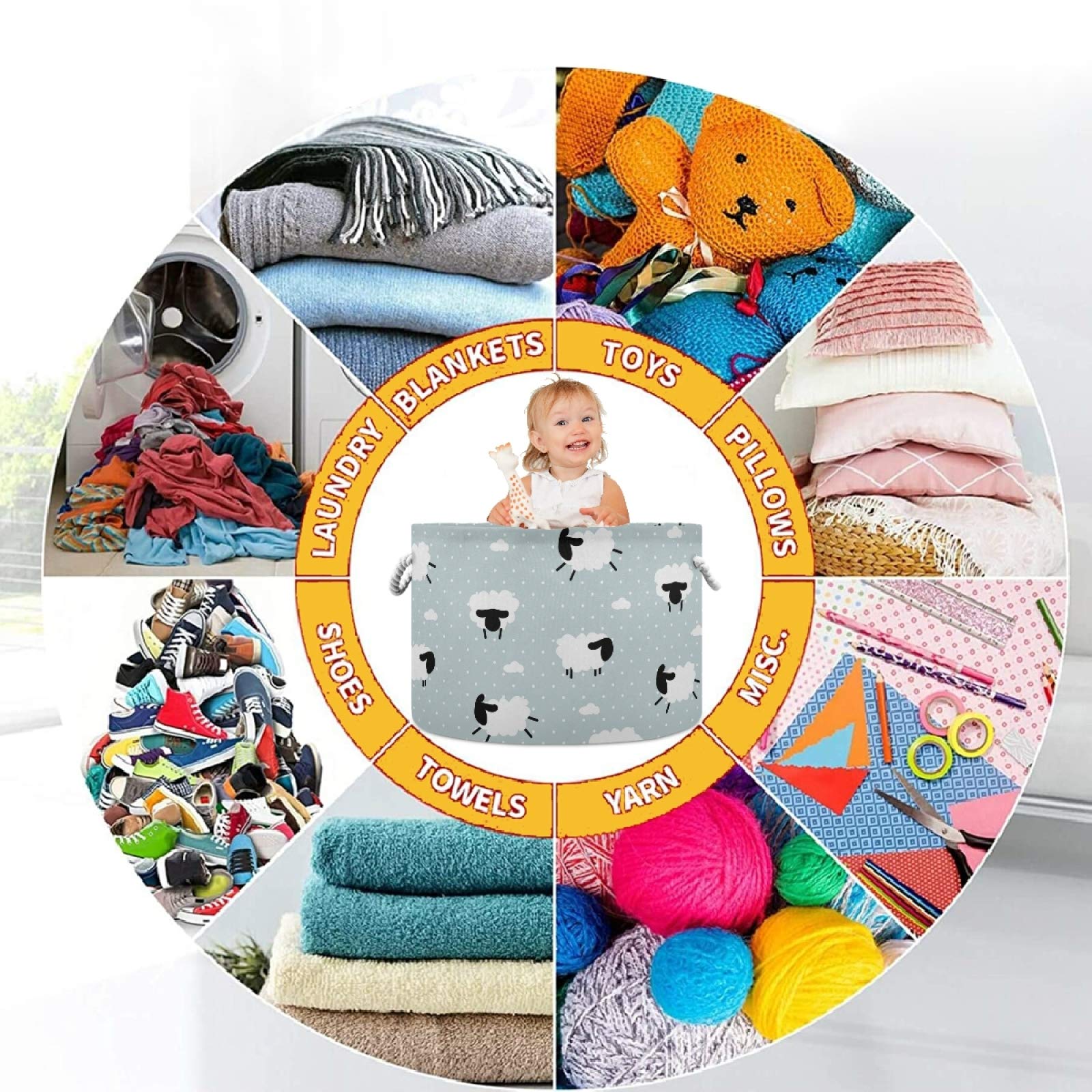 Visesunny Large Collapsible Storage Basket - Cute White Sheep Design with Durable Cotton Handles, Home Organization Bin for Toys, Laundry, Clothes | Perfect for Bedroom, Closet, Office & Nursery Storage Solutions