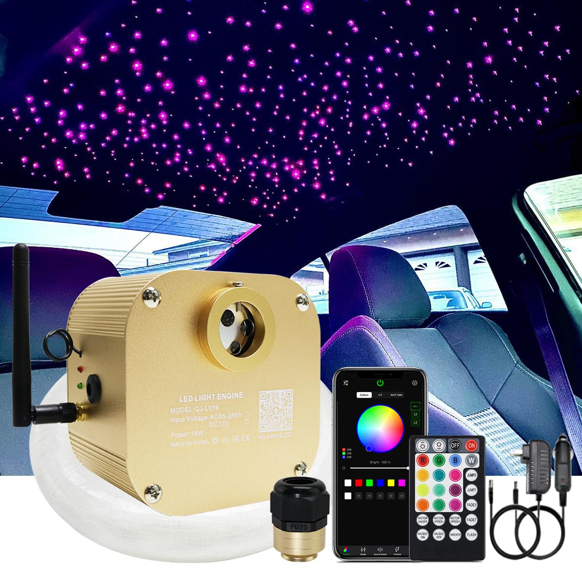 AKEPO 16W RGBW Twinkle Music Fiber Optic Star Ceiling Light Kit with APP & Remote Control - 430pcs 9.8ft/3m Optical Fiber Cable (0.75+1+1.5mm) - LED Light Source for Car, Home, Bedroom & Party Decoration