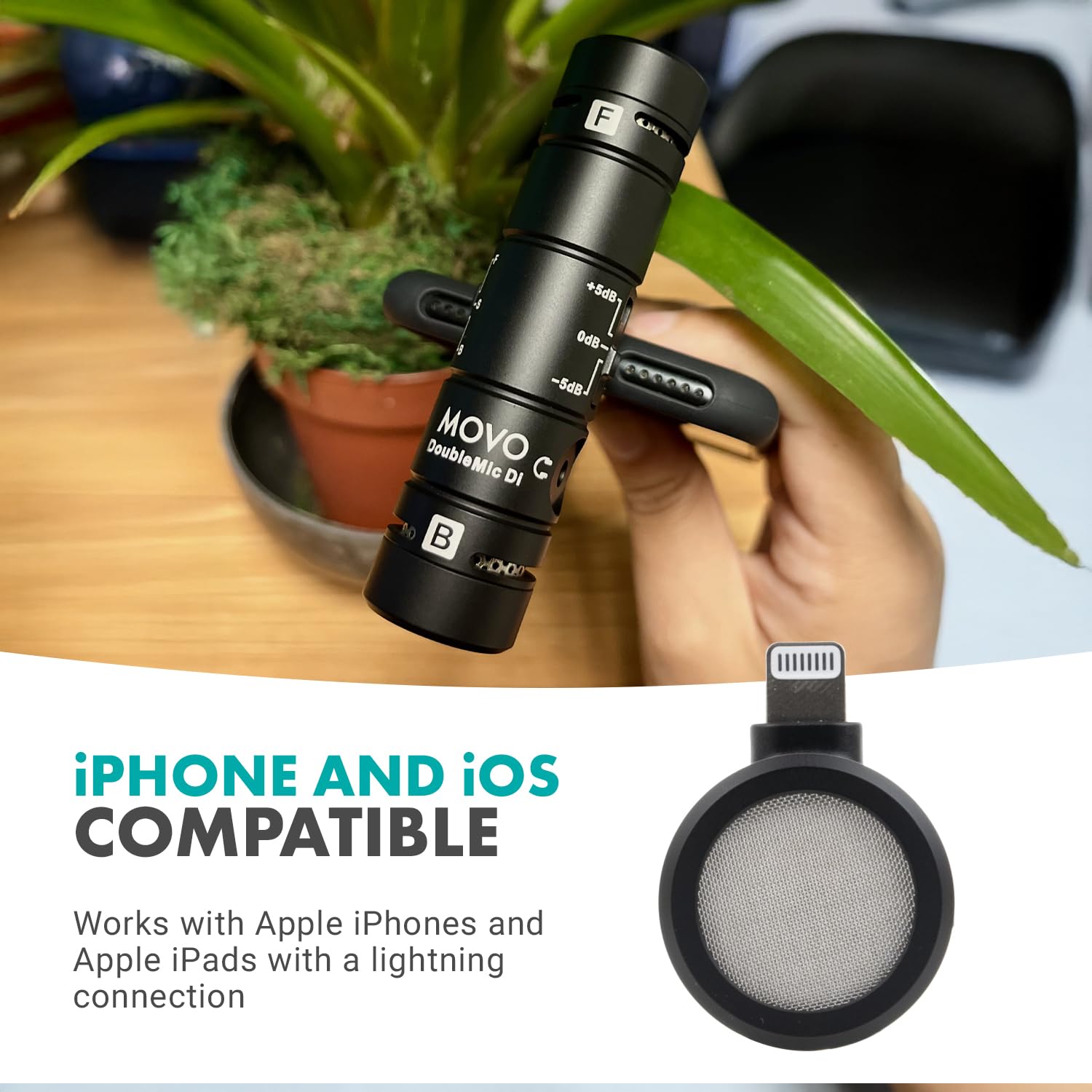 Movo DoubleMic-DI Dual Capsule iPhone Microphone - MFi Certified Lightning Condenser Mic for iPhone & iPad - Professional Two-Sided Cardioid Mic for Video Recording, Podcasting & Live Streaming (iOS Compatible) - Perfect for Content Creators, Vloggers & Musicians