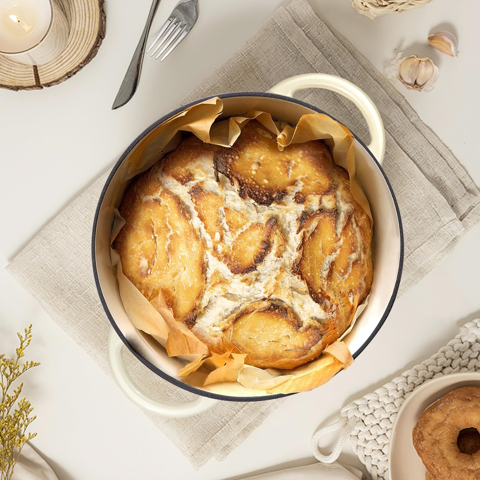 Gacuray 6 Quart Enameled Cast Iron Dutch Oven with Lid - Heavy Duty Non-Stick Cream White Pot, Dual Handles for Baking, Braising & Slow Cooking - Perfect for Soups, Stews, Roasts & Family Dinners