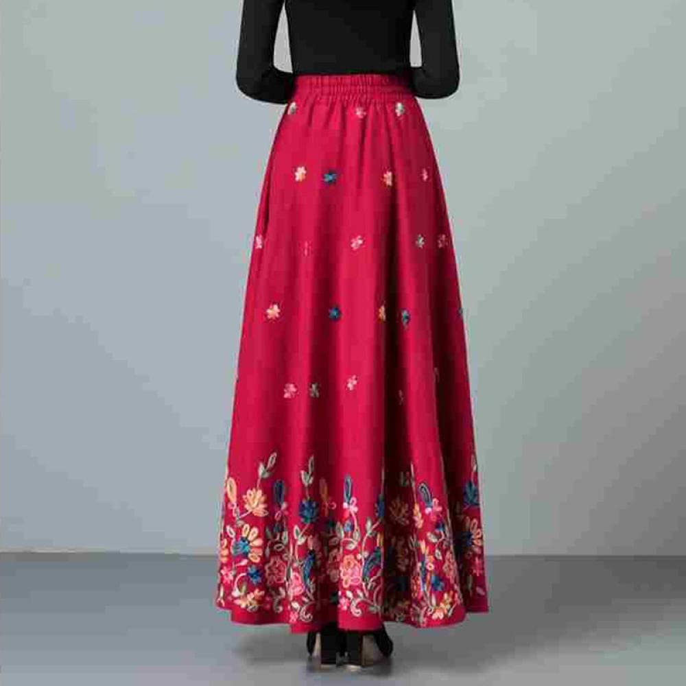 Embroidered Pleated Wrap Skirt for Women - Plus Size High Waist Wool Long Skirt - Elegant Casual Wear for Office, Date Night & Fall Season Outfits