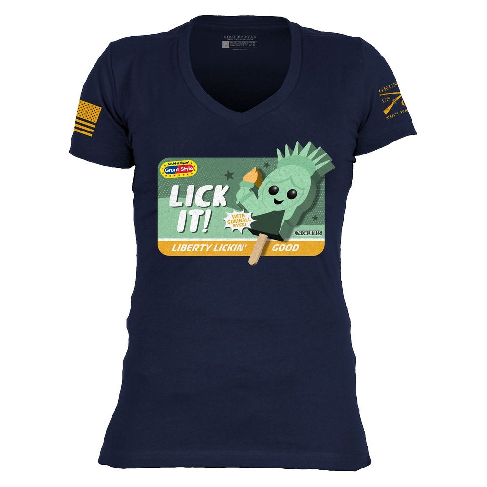Women's Lick It V-Neck T-Shirt in Midnight Navy - Soft Cotton Casual Tee for Everyday Wear & Street Style