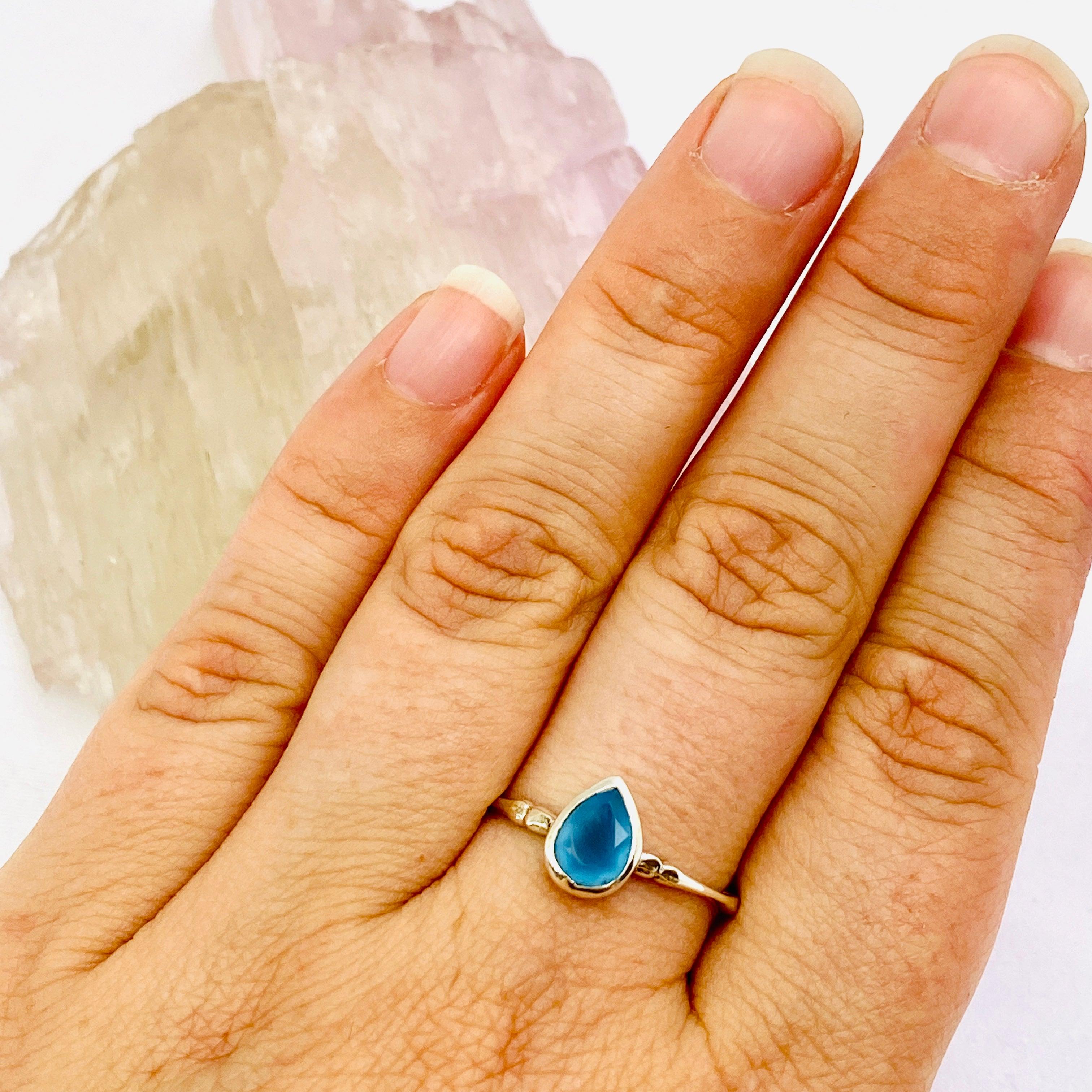 Blue Chalcedony Faceted Teardrop Fine Band Ring R3691 BC - Elegant Jewelry for Women, Perfect for Weddings, Parties & Special Occasions
