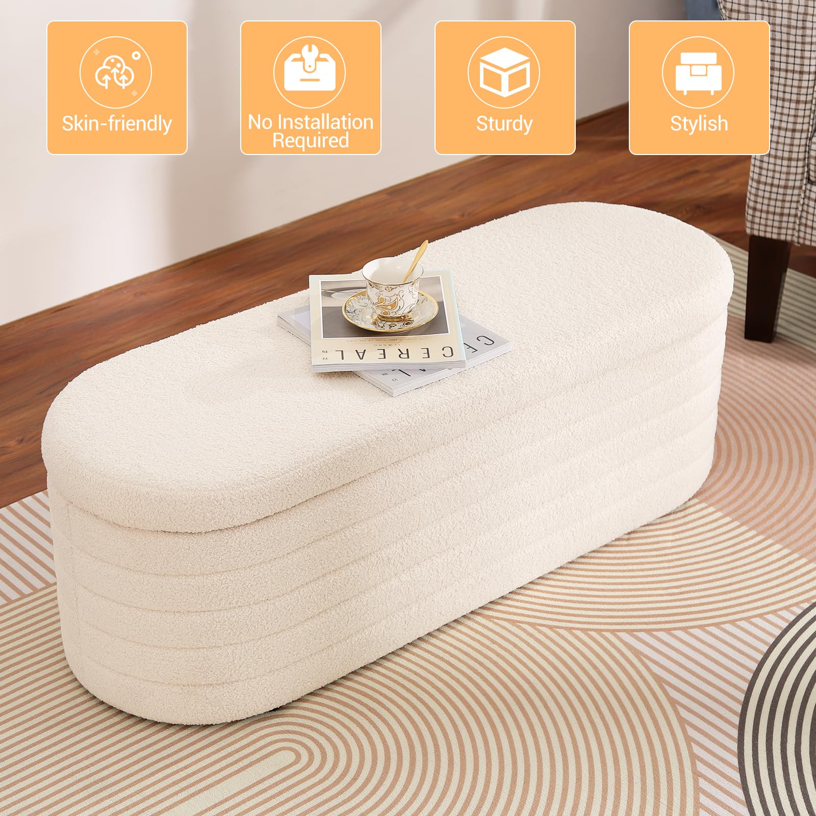 Modern Sherpa Upholstered Teddy Storage Ottoman Bench - White Oval Entryway Bench for Living Room, Bedroom & End of Bed | Multi-Functional Storage Seat with Soft Fabric for Home Decor & Organization