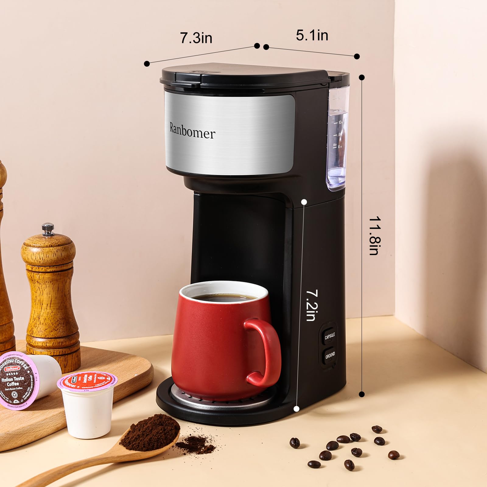2-in-1 Single Serve Coffee Maker - Compatible with K-Cups & Ground Coffee | 6-14oz Adjustable Brew Size | Compact One Cup Coffee Machine with Self-Cleaning Function | Fits Travel Mugs (Black) | Perfect for Home, Office & Travel Use
