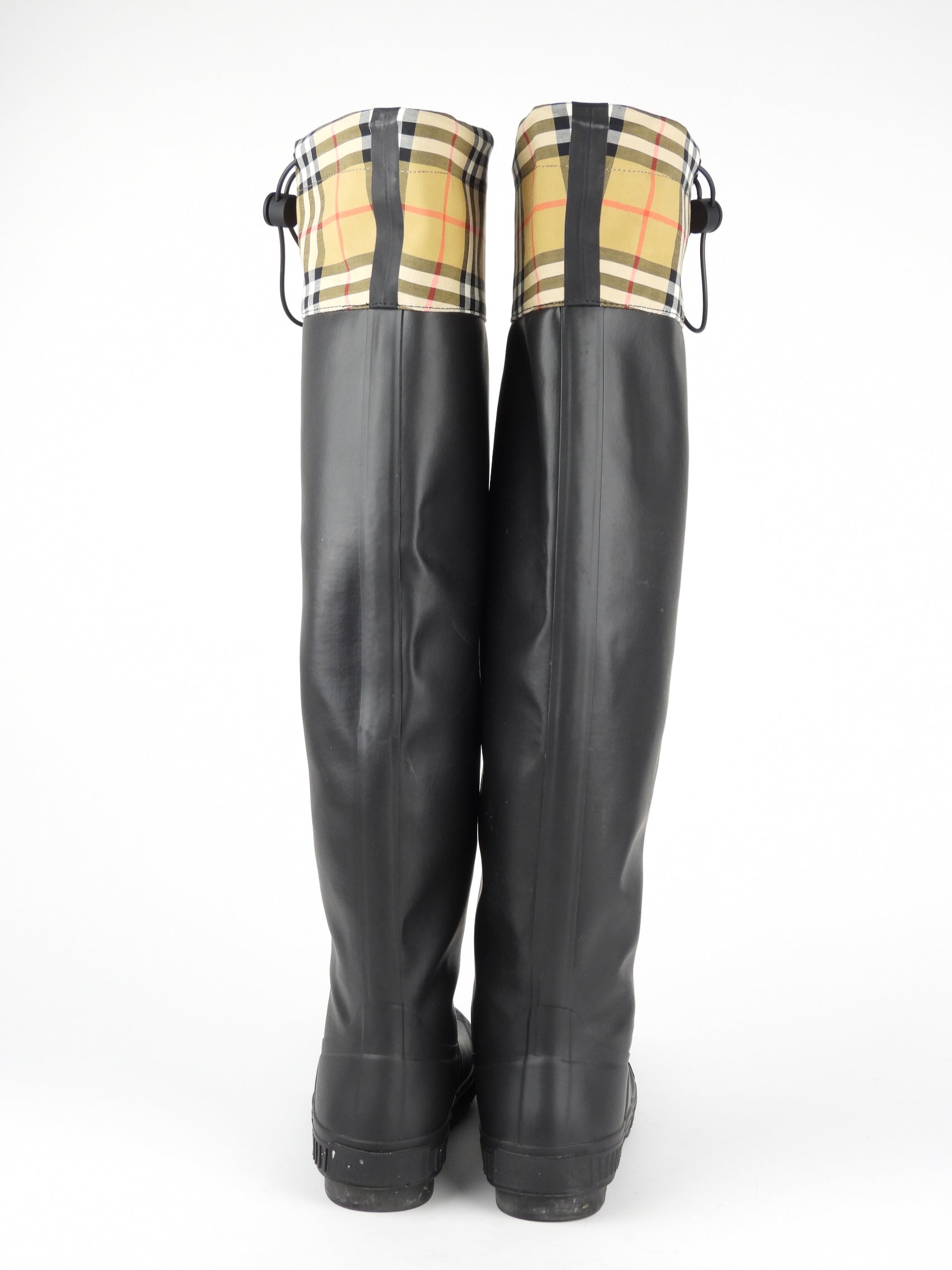 Burberry Black Rubber and Check Canvas Knee-High Rain Boots - Waterproof Chelsea Boots for Women, Fashionable Rainwear for Outdoor, Walking, and Wet Weather