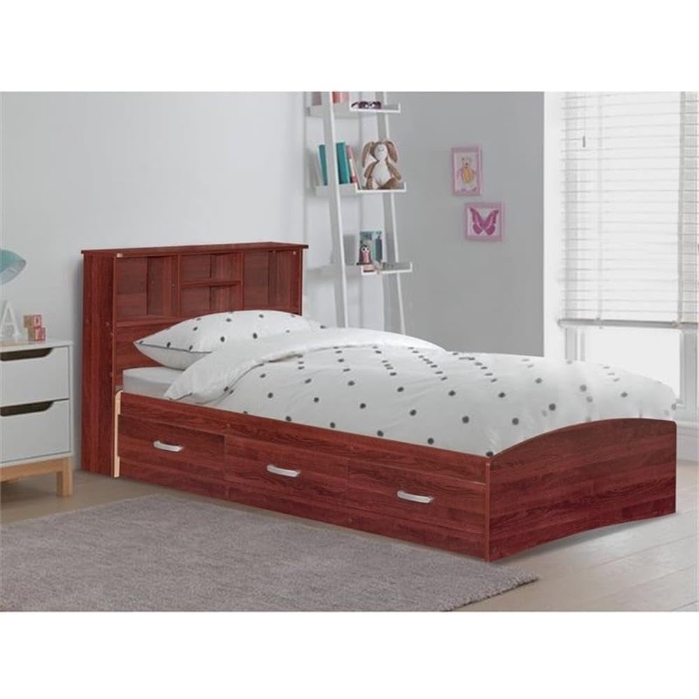 Pemberly Row Modern Wooden Twin Size Captains Bed with Storage Drawers in Rich Mahogany Finish - Perfect for Kids Rooms, Guest Bedrooms & Small Space Living