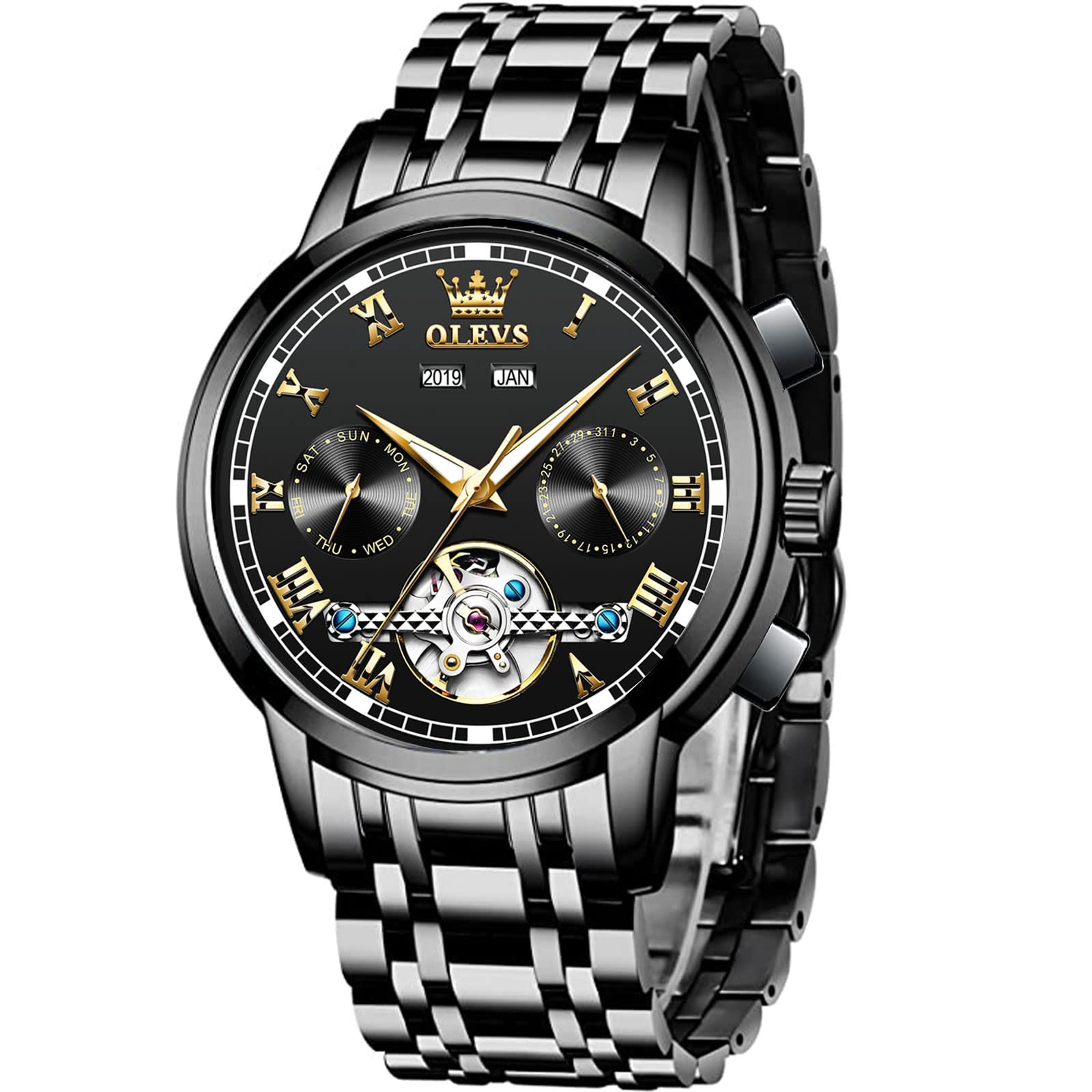 Automatic Skeleton Tourbillon Moon Phase Mechanical Watch for Men - Self-Winding Stainless Steel Waterproof Luminous Roman Numerals Wristwatch (Blue/Gold/Green/Black) - Perfect for Business, Formal Events & Luxury Gift Giving