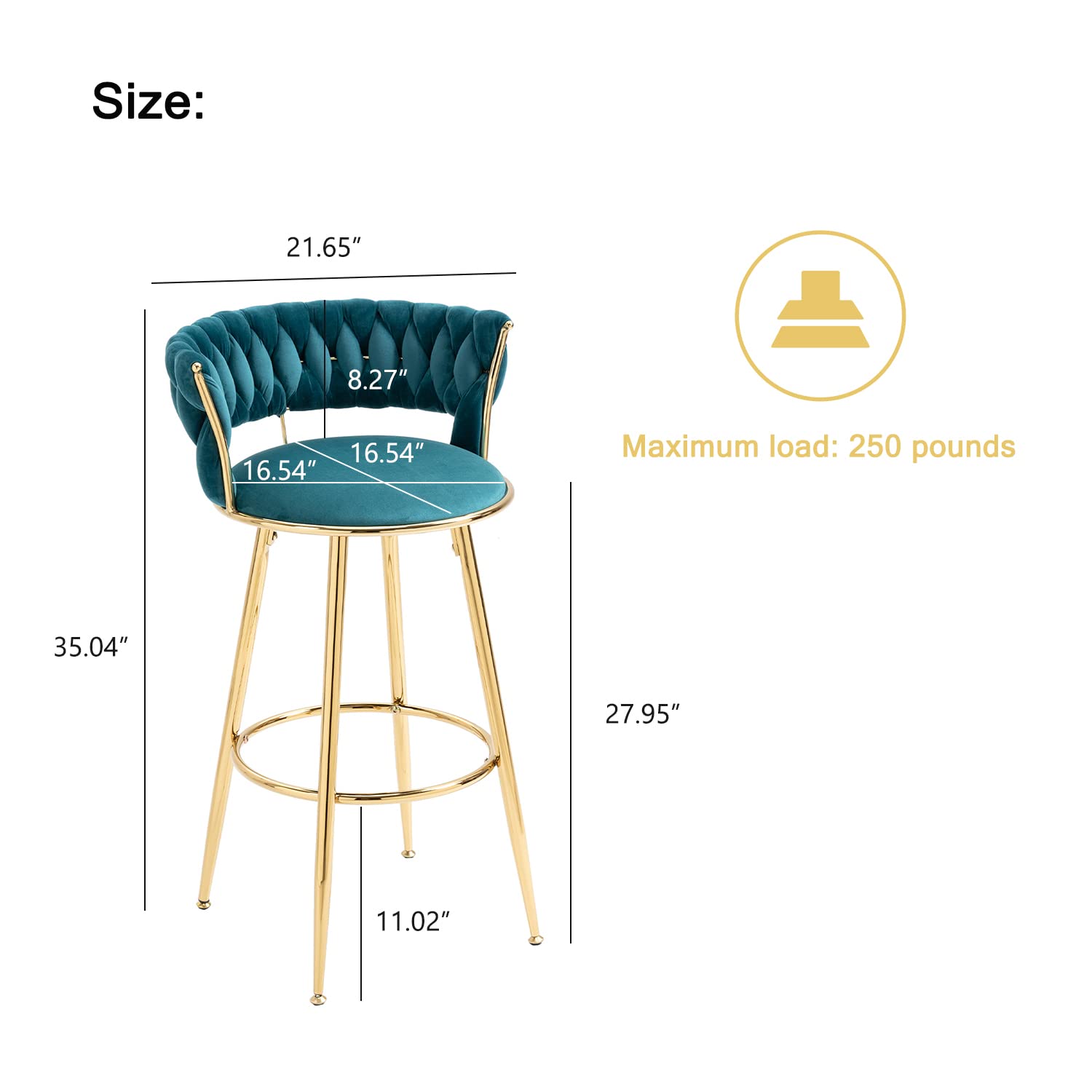 Velvet Modern Bar Stools with Woven Back & Gold Footrest - Counter Height Bar Chairs for Kitchen Island, Dining Room, Pub - Teal Velvet Upholstery - Perfect for Home Bars, Breakfast Nooks & Entertainment Areas