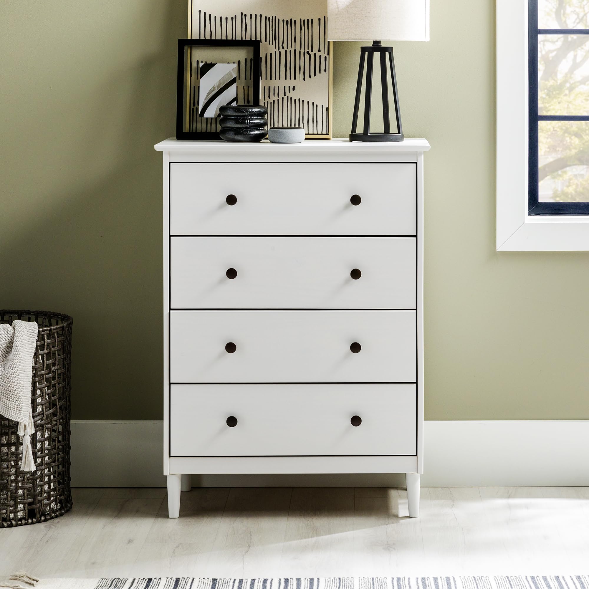 Walker Edison 4-Drawer Tall Wood Dresser - White, Bedroom Storage Organizer for Closet & Hallway | Perfect for Home, Office & Dorm Room Organization