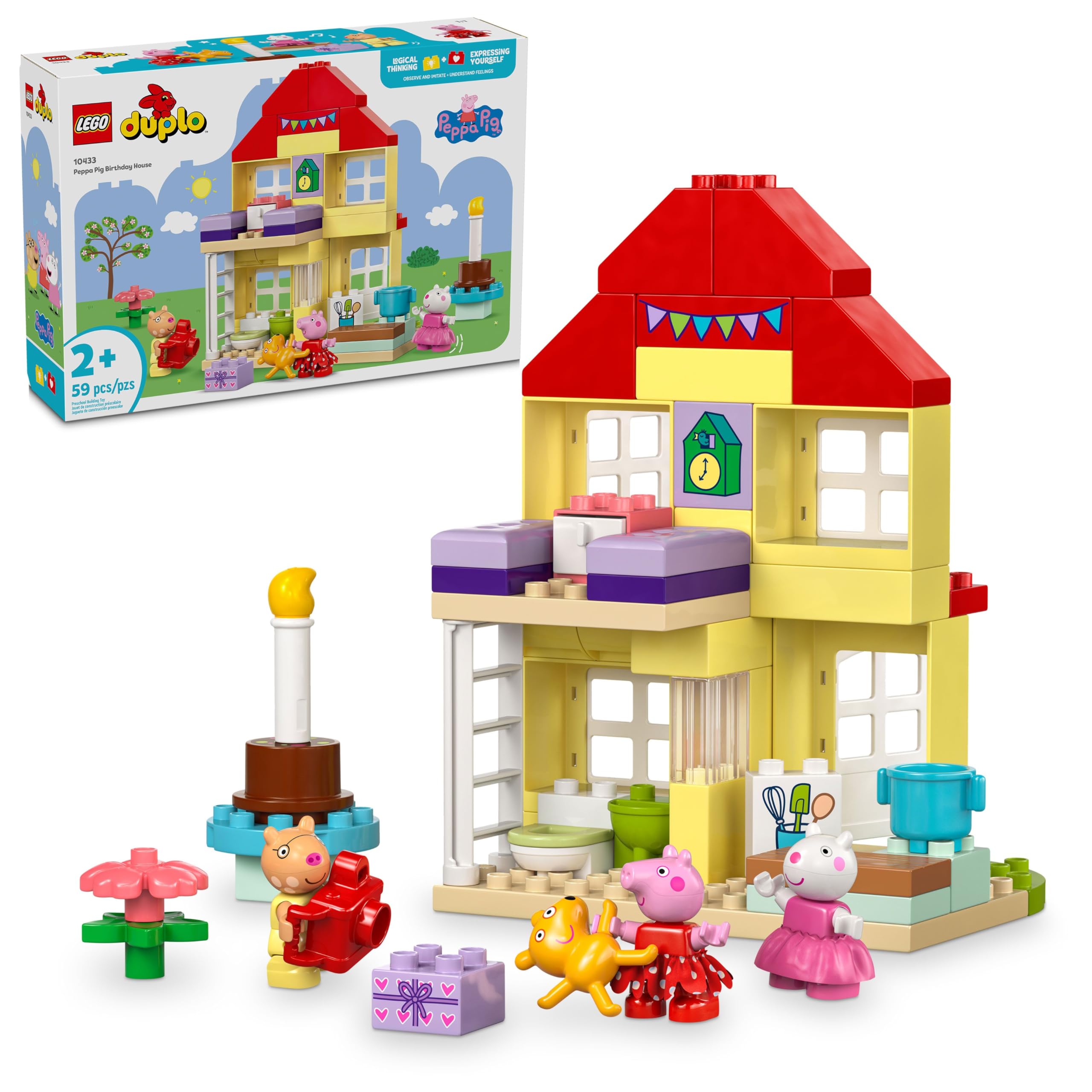 LEGO DUPLO Peppa Pig Birthday House Playset with 3 Animal Figures - Educational Building Toy for Toddlers Age 2+ - Creative Role Play Dollhouse for Girls & Boys - Perfect Gift for Birthday Parties & Preschool Learning (Set 10433)