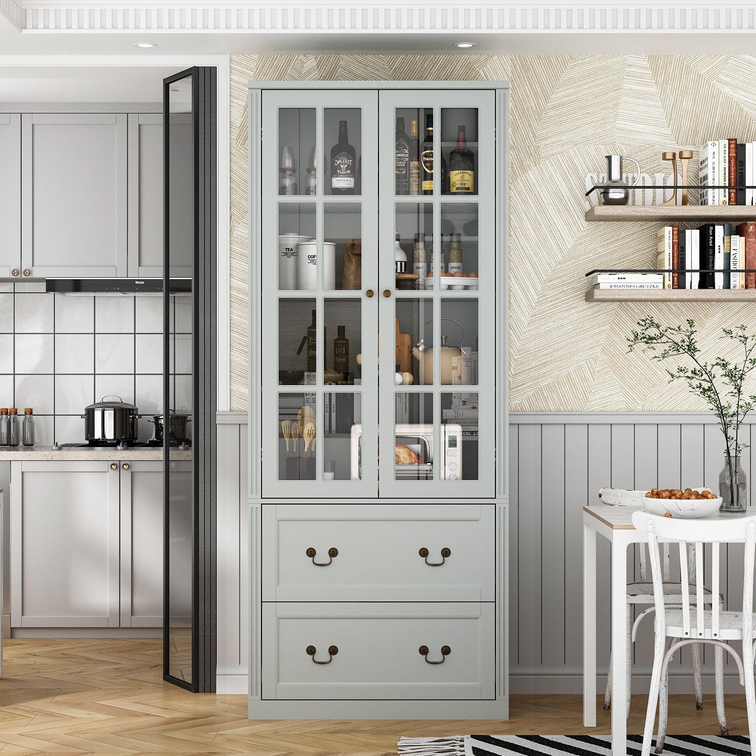MOUMON Pantry Cabinet with 2 Drawers & Glass Doors - Adjustable Shelves Kitchen Storage Cabinet, 31.5