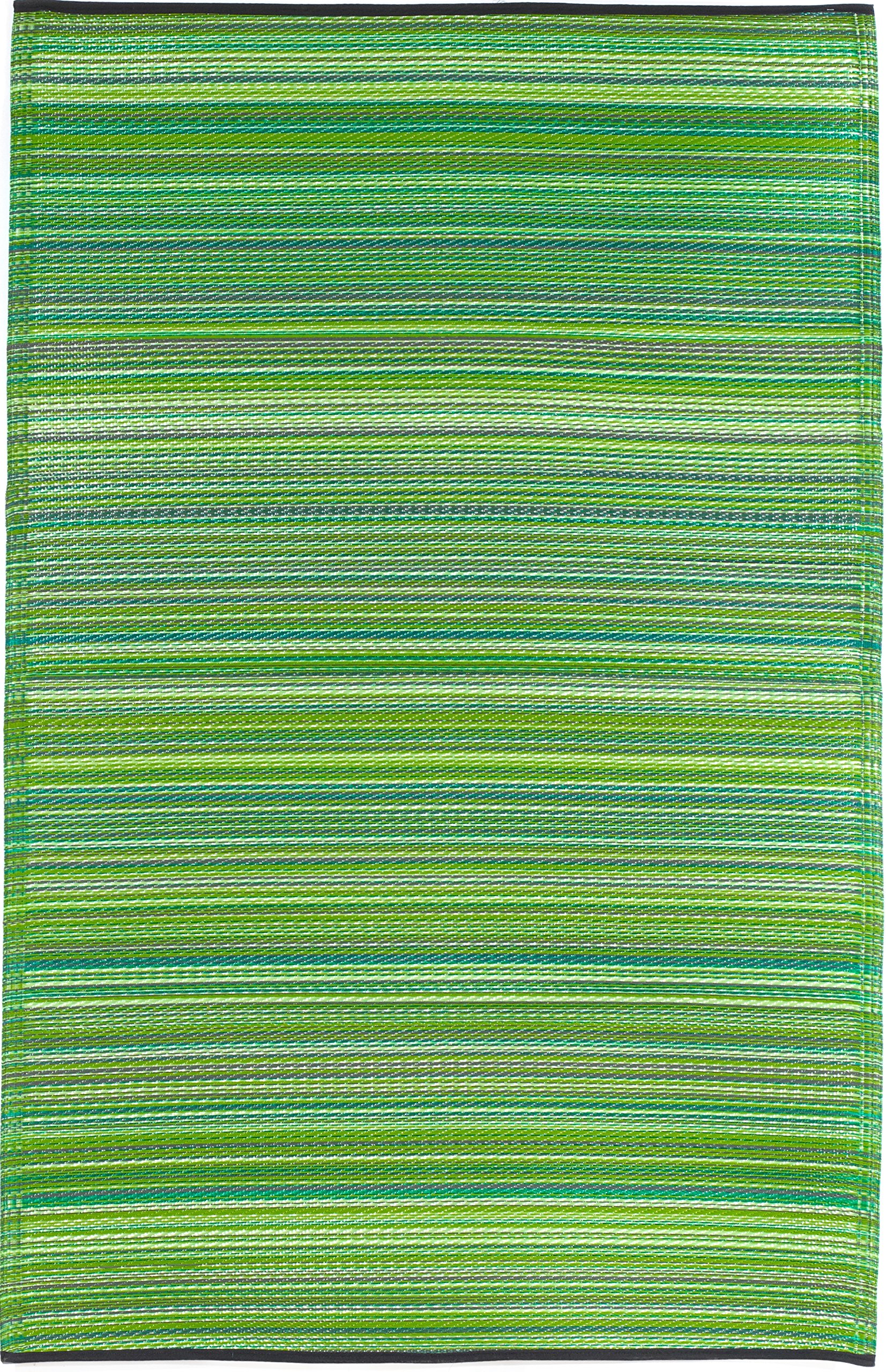 Premium Recycled Plastic Outdoor Rug - Waterproof, Fade & Crease Resistant - Striped Green Design - 5x8 ft - Perfect for Patio, Porch, Deck & Balcony - Cancun Inspired Decor - Sustainable & Durable for All Weather Use