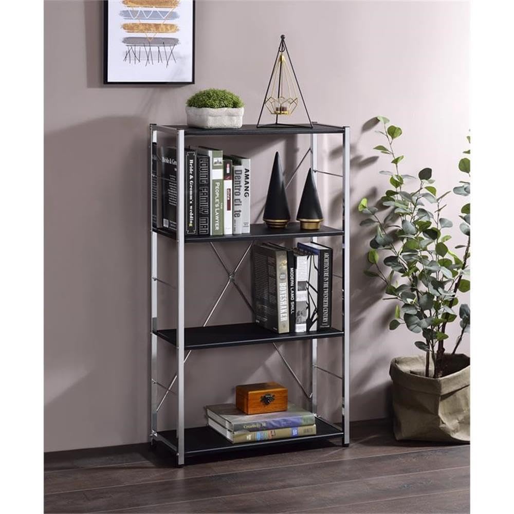 Acme Tennos 4-Tier Wooden Shelves Bookshelf with Sturdy Metal Frame in Black & Chrome - Perfect for Home Office, Living Room & Bedroom Storage