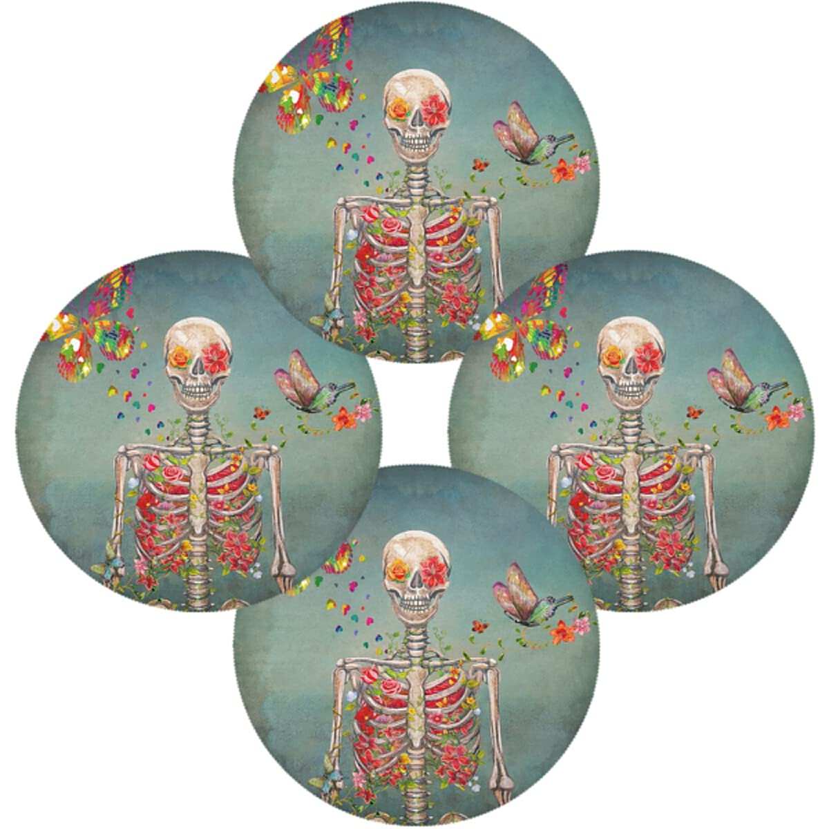 Blooming Skeleton & Butterfly Round Placemats Set of 4 - Waterproof Kitchen & Dining Table Mats for Indoor/Outdoor Use - Perfect for Parties, Picnics, and Everyday Meals