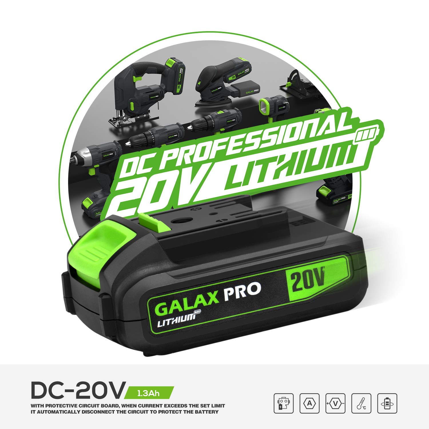 GALAX PRO DC-20V 1.3Ah Lithium Ion Battery Pack - Replacement Battery for Cordless Drills & Power Tools - Compatible with Various Brands - Perfect for DIY Projects, Home Repairs, and Professional Construction Work