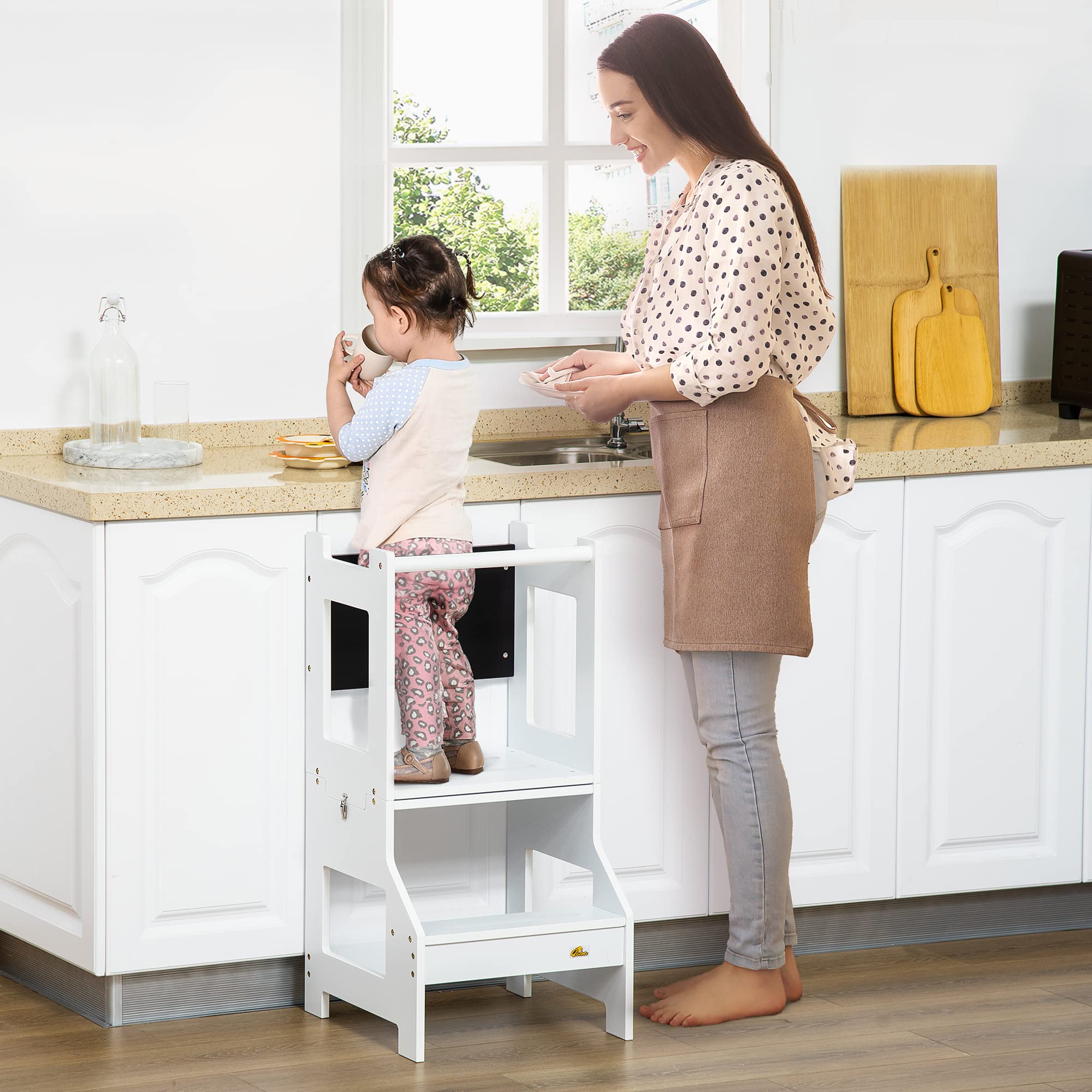 Qaba 2-in-1 Kids Kitchen Step Stool & Toddler Standing Tower with Chalkboard - Adjustable Safety Rail for Kitchen, Bathroom & Bedroom - White - Perfect for Cooking, Brushing Teeth & Reaching High Places