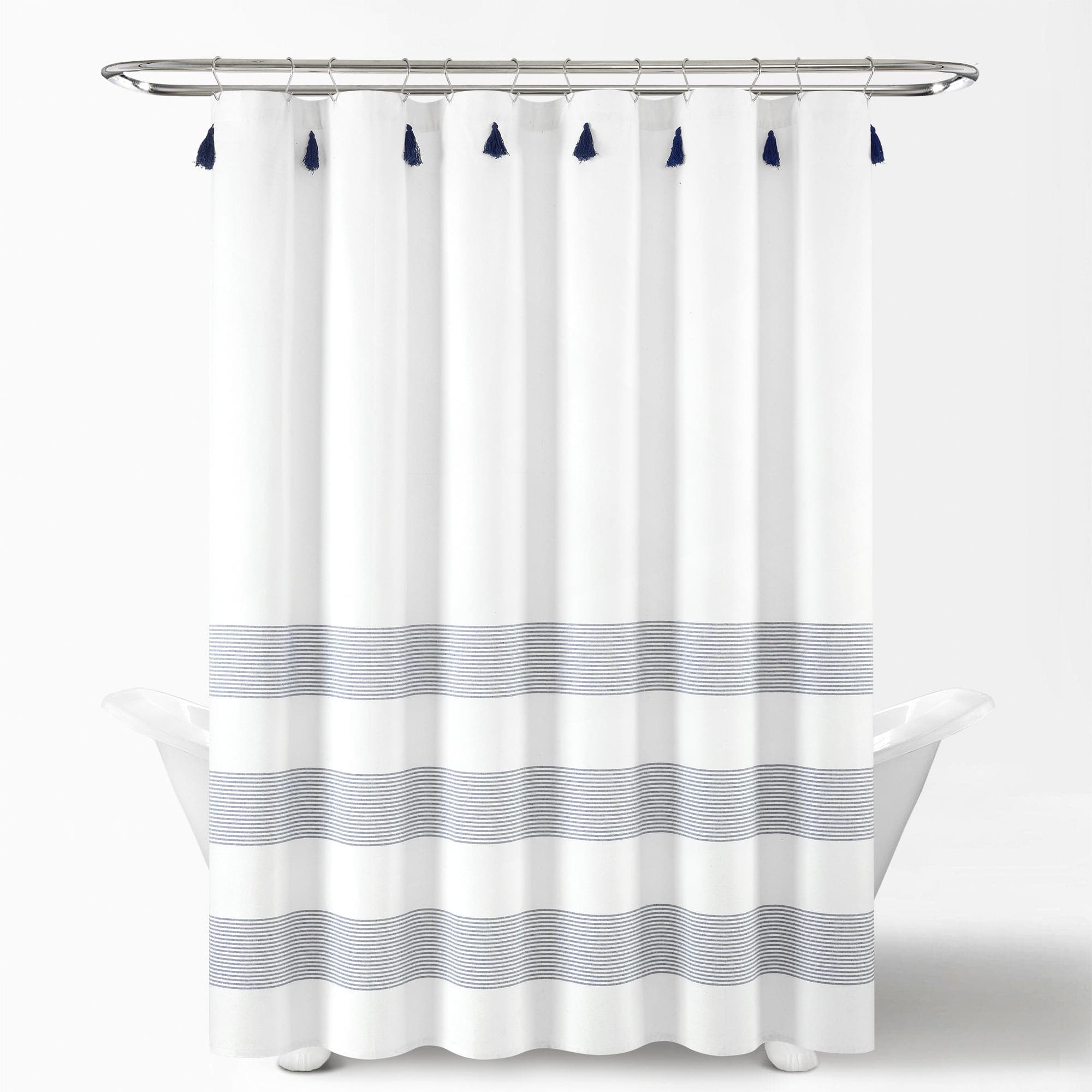 Boho Tassel Stripe Shower Curtain - Eco-Friendly Recycled Cotton Blend, Hand-Dyed Yarn, Waterproof Bathroom Decor for Boho Chic, Farmhouse or Coastal Style Homes