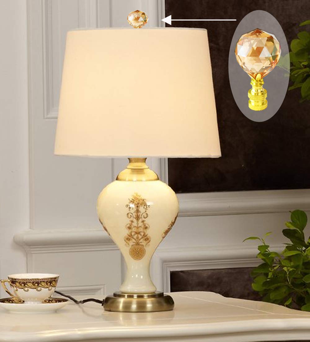 2Pcs 2-1/3 Inch Clear Champagne Crystal Lamp Finials with Polished Brass Base - Faceted Screw Top Knob for Lamp Shade Decoration - Perfect for Chandeliers, Table Lamps & Home Lighting Fixtures