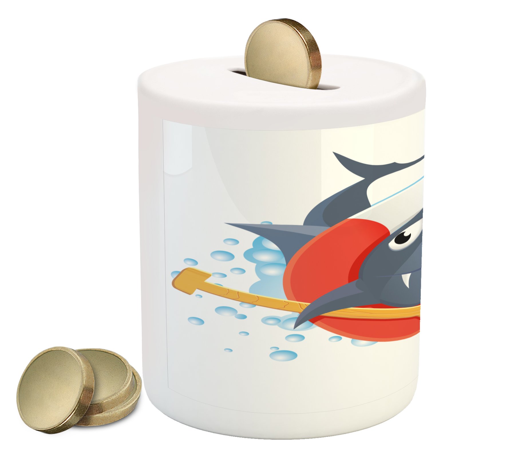 Funny Shark Ceramic Piggy Bank with Wooden Paddle - Cartoon Animal Coin Bank for Cash Saving (3.6