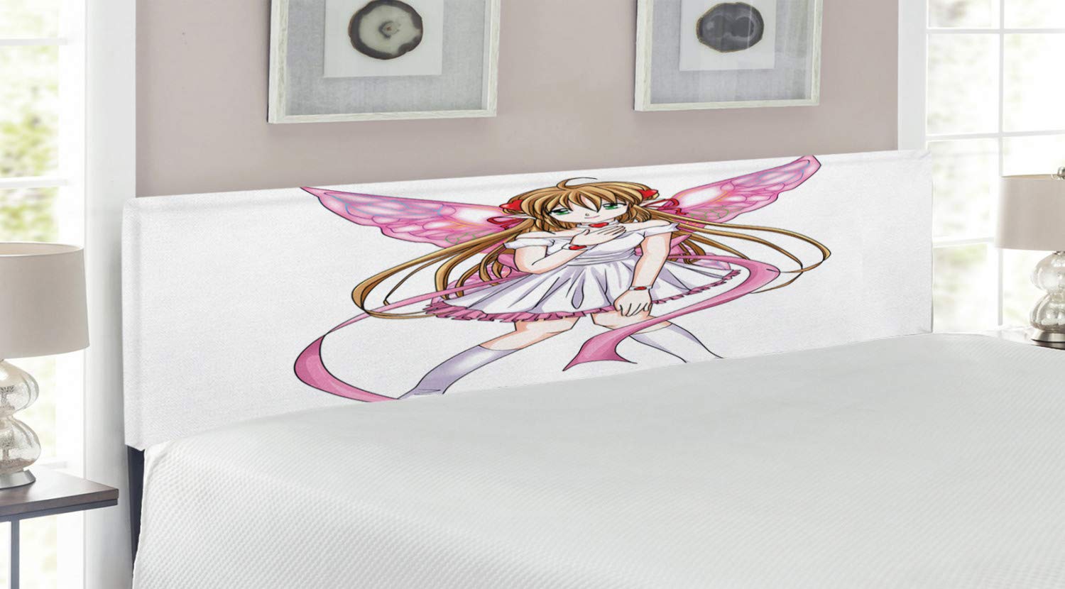 Ambesonne Anime Headboard - Pixie Character with Hearts & Wings Angel Design, Upholstered Decorative Metal Bed Frame with Memory Foam, King Size, Multicolor - Perfect for Anime Lovers' Bedroom Decor & Themed Bedrooms