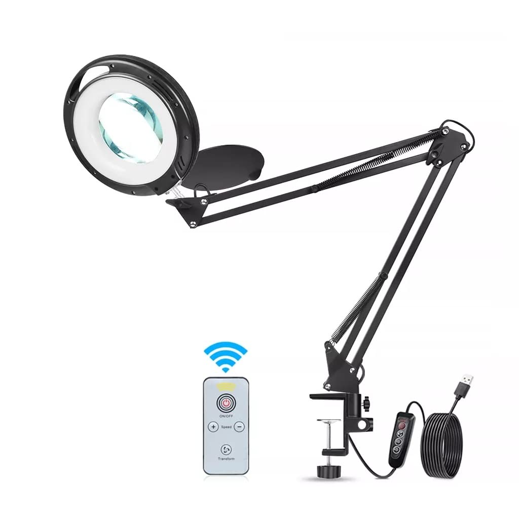 Remote Control Desk Lamp with Magnifying Glass - 3 Color Adjustable LED Clamp Light for Reading, Tattoo, Computer Work, Crafting & Hobbies (Dimmable, One Size)