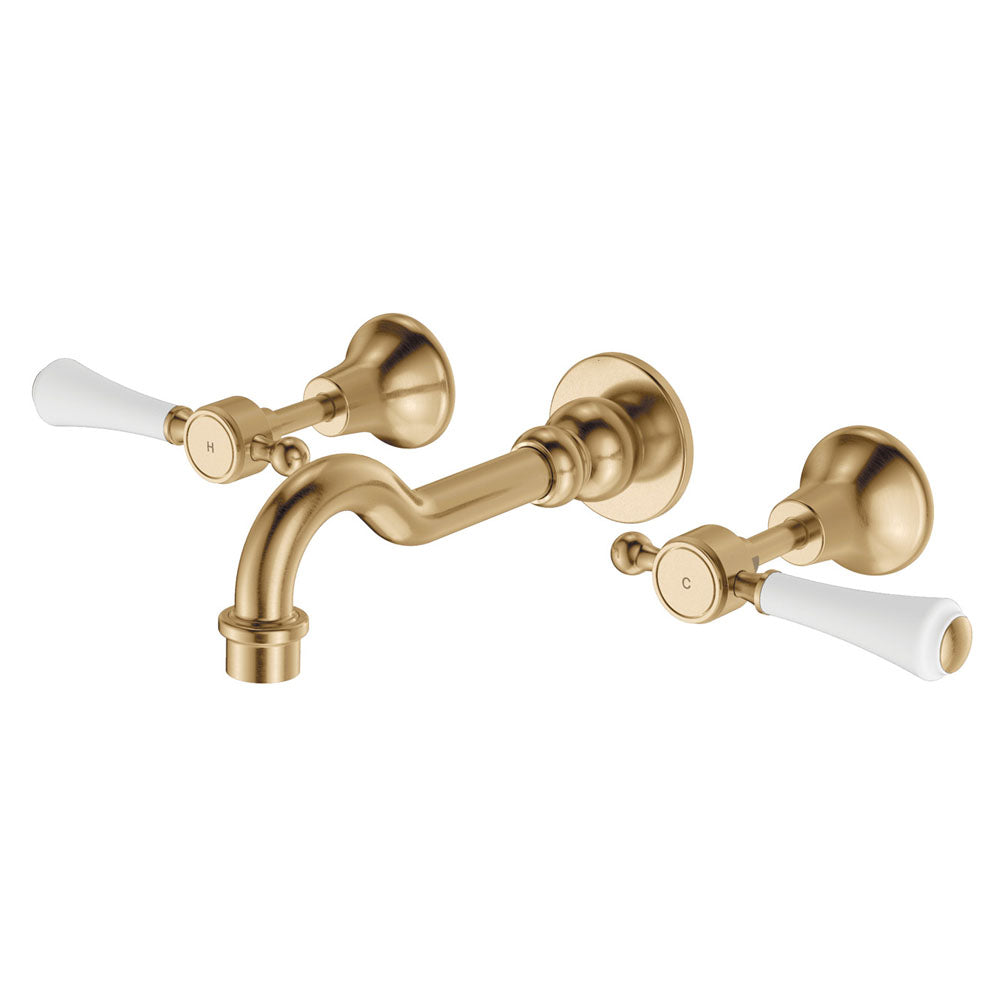 Fienza Lillian Lever Basin Bath Wall Set - Urban Brass with Ceramic White Handles | Modern Bathroom Faucet & Sink Fixture Set for Home & Hotel Renovation