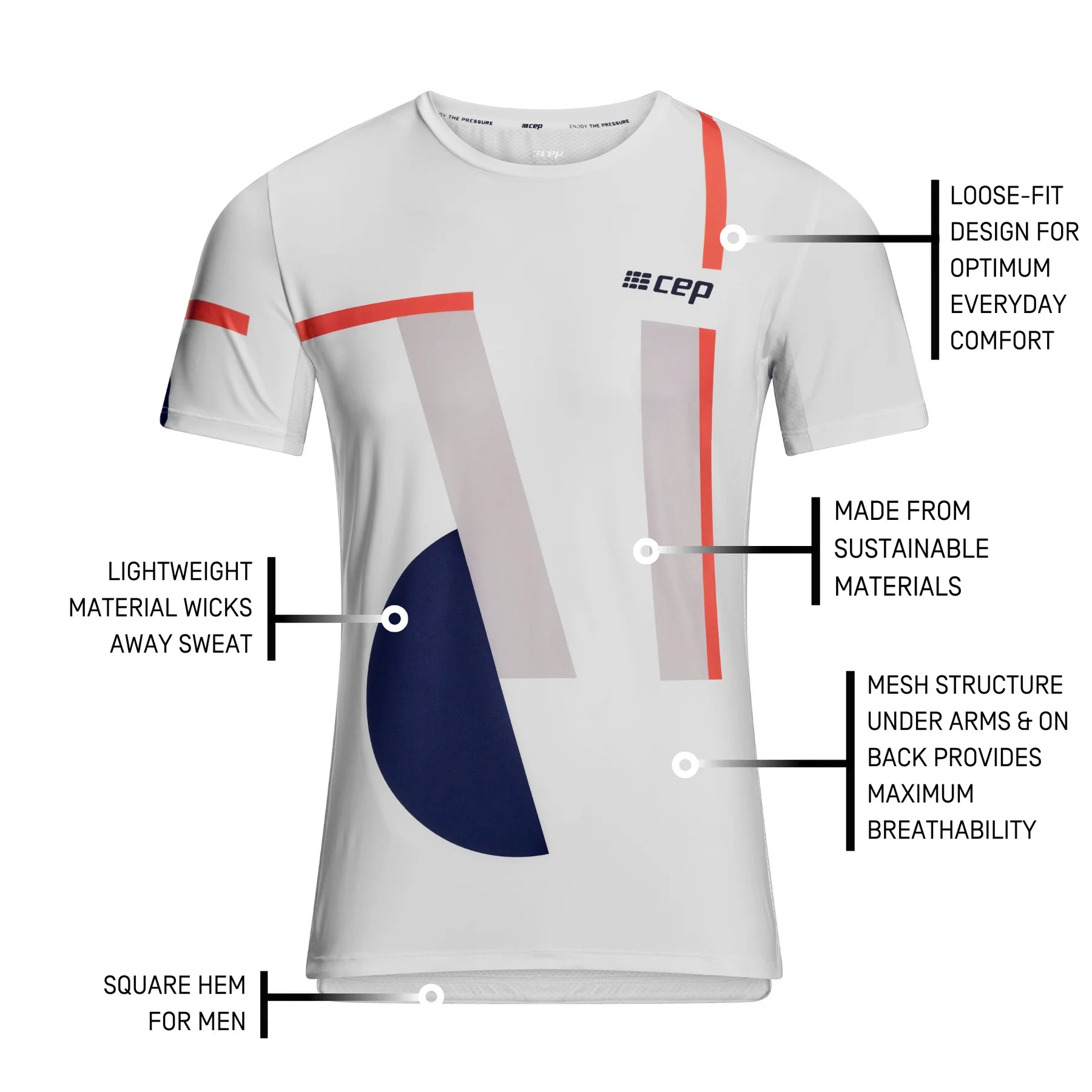 CEP Men's Performance Running Shirt - Moisture Wicking Round Neck Short Sleeve Athletic Top (White/Geometric Print) - Ideal for Jogging, Gym Workouts & Outdoor Sports