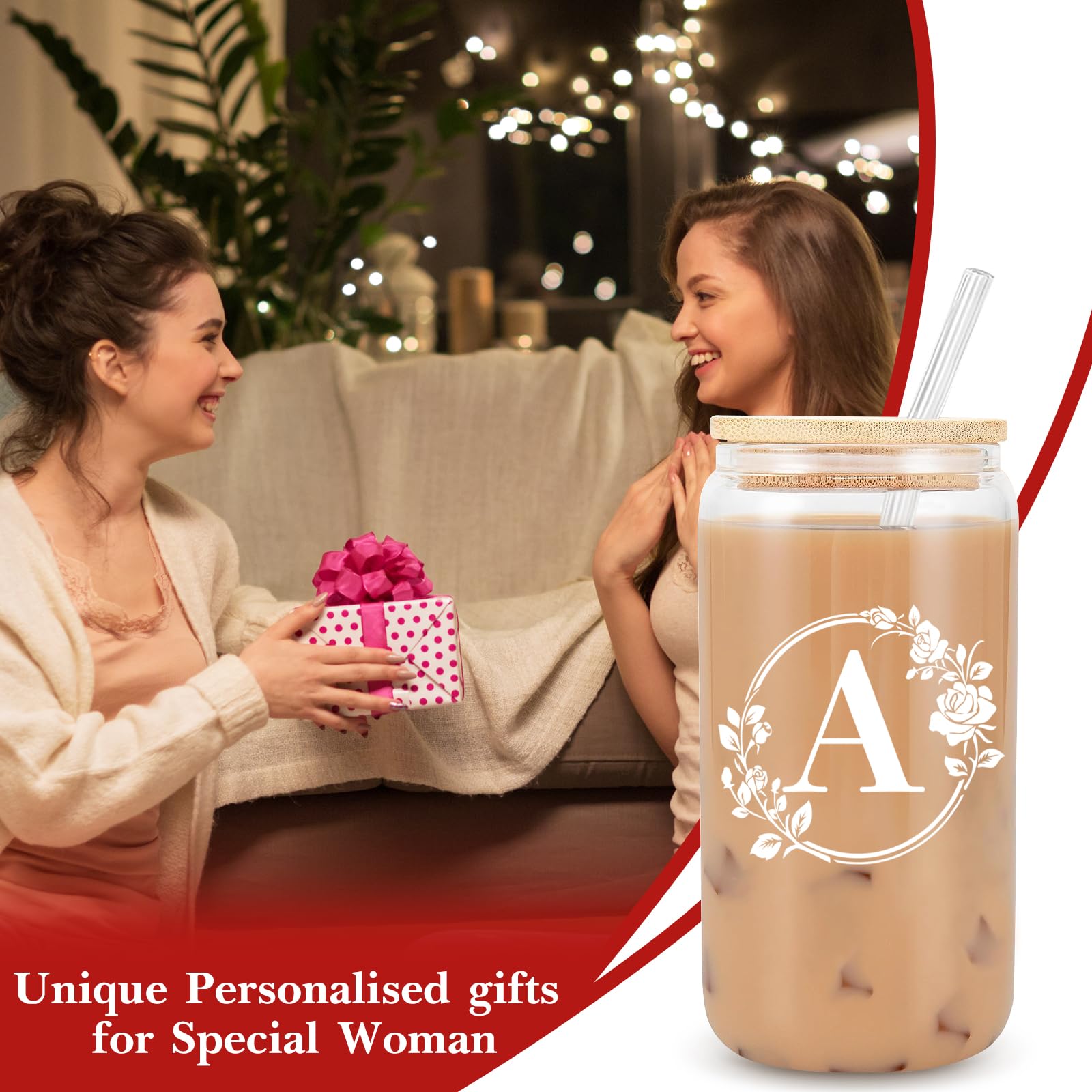 Personalized Monogrammed Initial Glass Cup - 16oz Beer Can Shaped Glass with Lid & Straw - Custom Birthday Christmas Gifts for Women - Perfect for Iced Coffee, Cocktails & Home Bar Decor