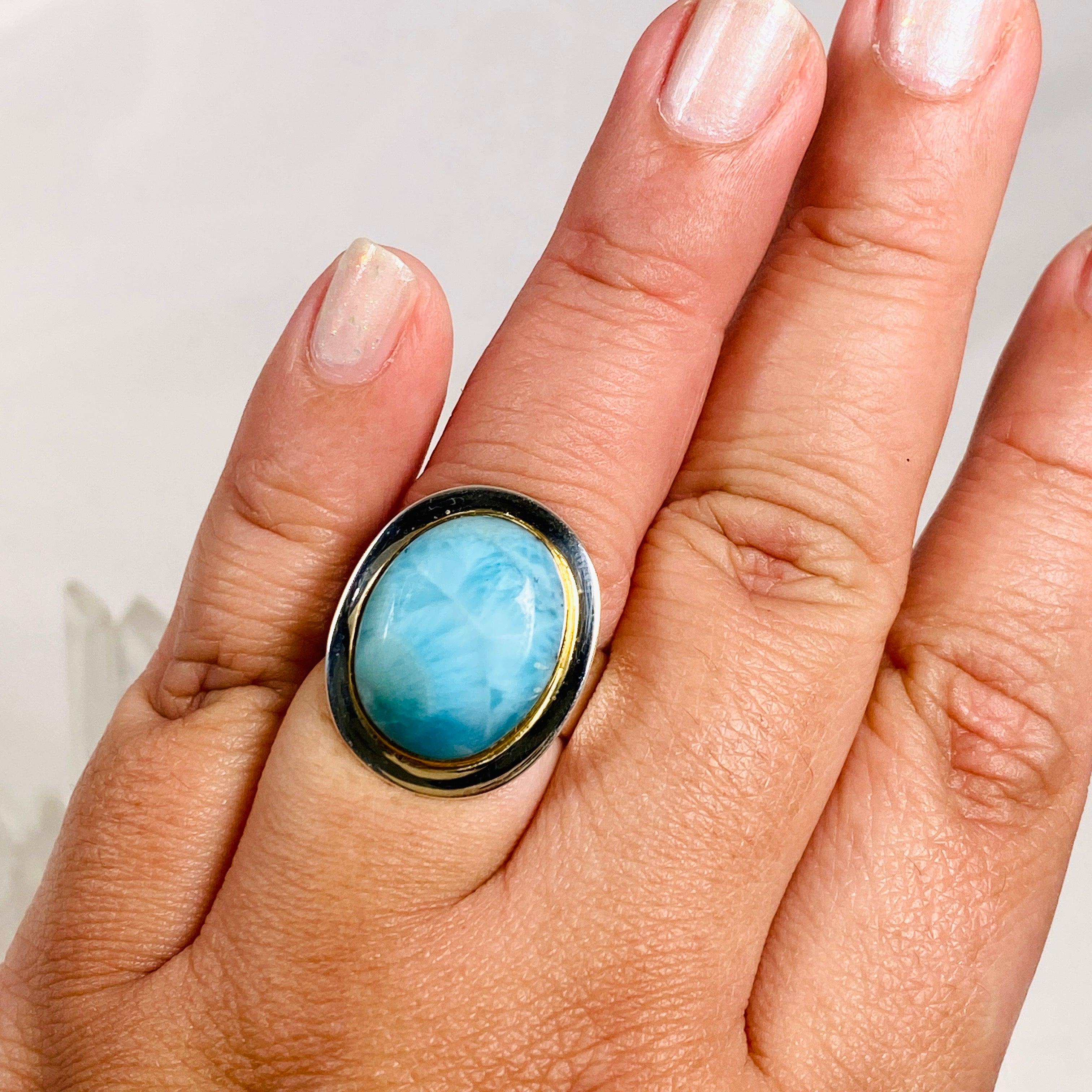 Larimar Oval Ring with Brass Detailing - Size 10 - KRGJ3104 - Perfect for Boho Jewelry Lovers & Beach Wedding Accessories