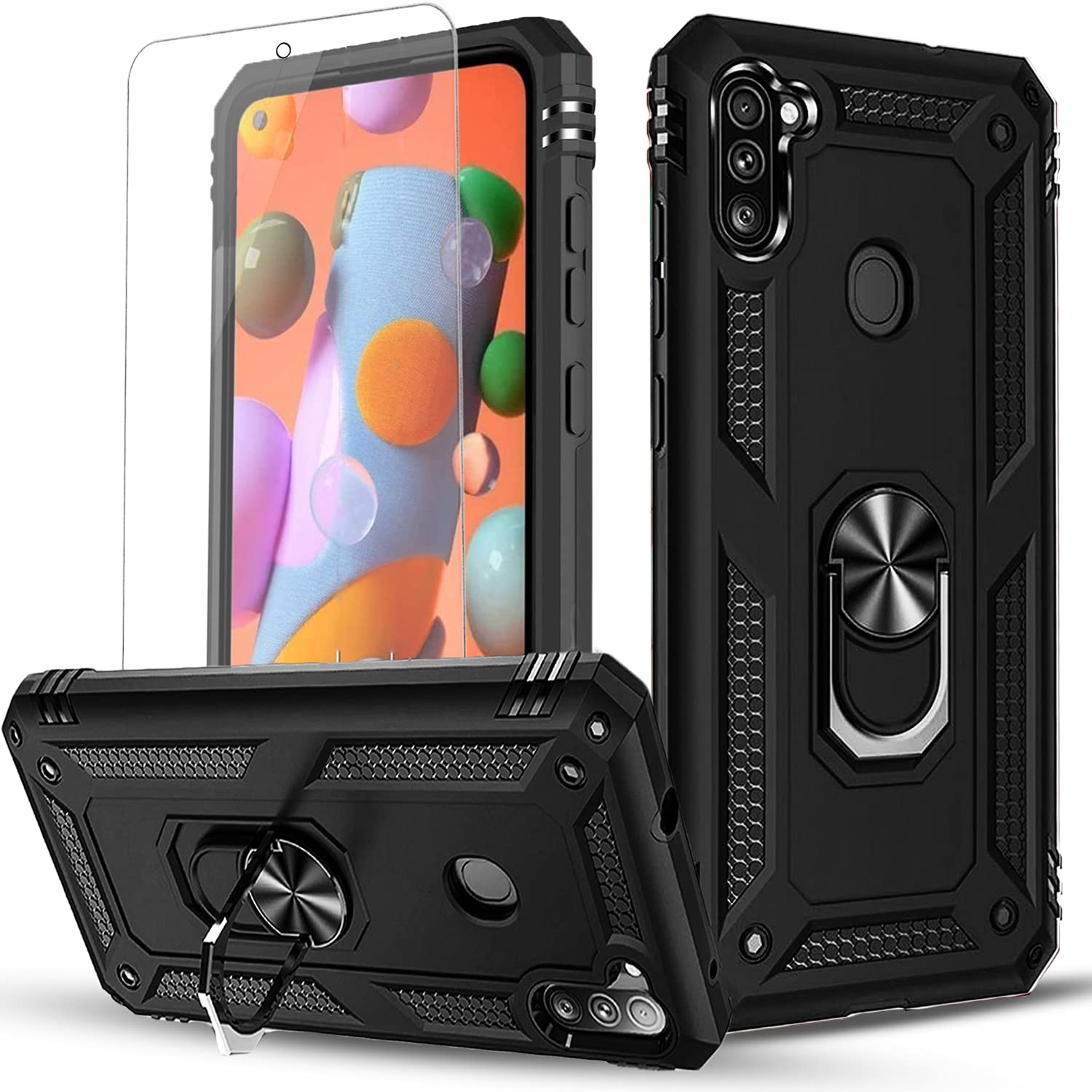 STARSHOP Samsung Galaxy A11 Case with Tempered Glass Screen Protector - Military Grade Shockproof Protective Cover with Metal Ring Kickstand - Black - Perfect for Outdoor Activities, Travel & Daily Use