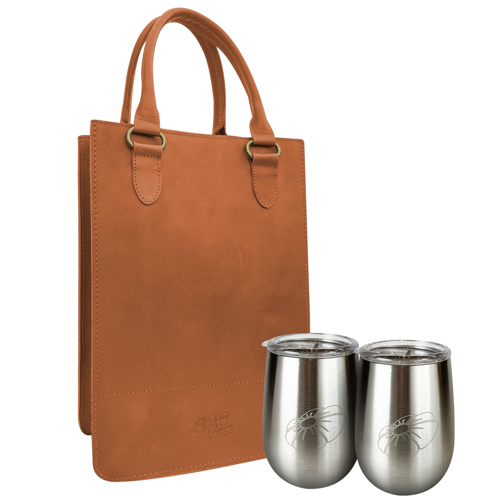 Premium Leather Wine Carrier for 2 Bottles with 2 Stainless Steel Tumblers - Elegant Travel Gift Set for Wine Enthusiasts | Perfect for Picnics, Parties & Romantic Getaways