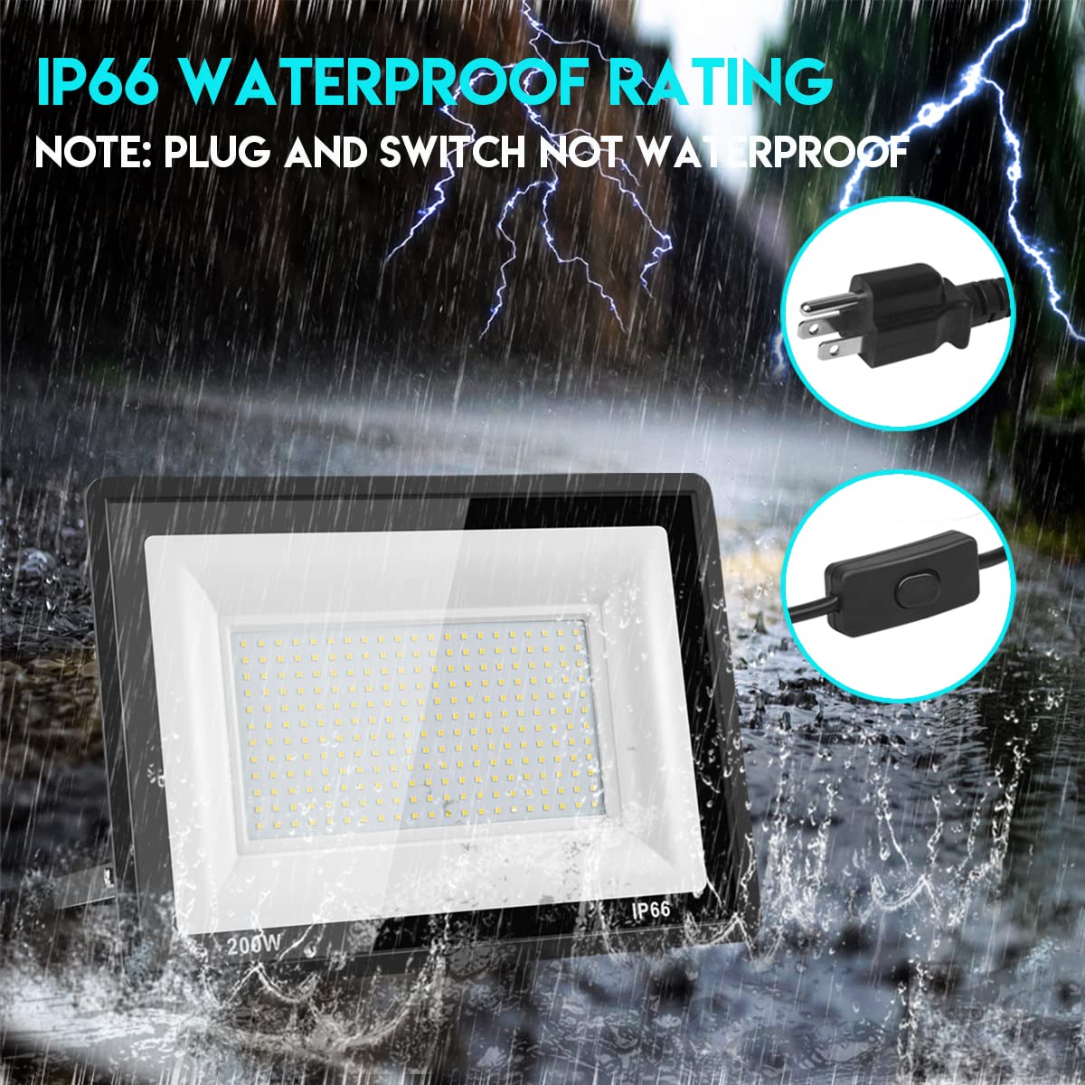 200W LED Flood Light Outdoor 3-Pack - 20000LM High Brightness Waterproof Work Light with Plug & Switch - IP66 Security Lighting for Yard, Garage, Warehouse (5000K Daylight White) - Perfect for Construction Sites, Parking Lots & Emergency Lighting