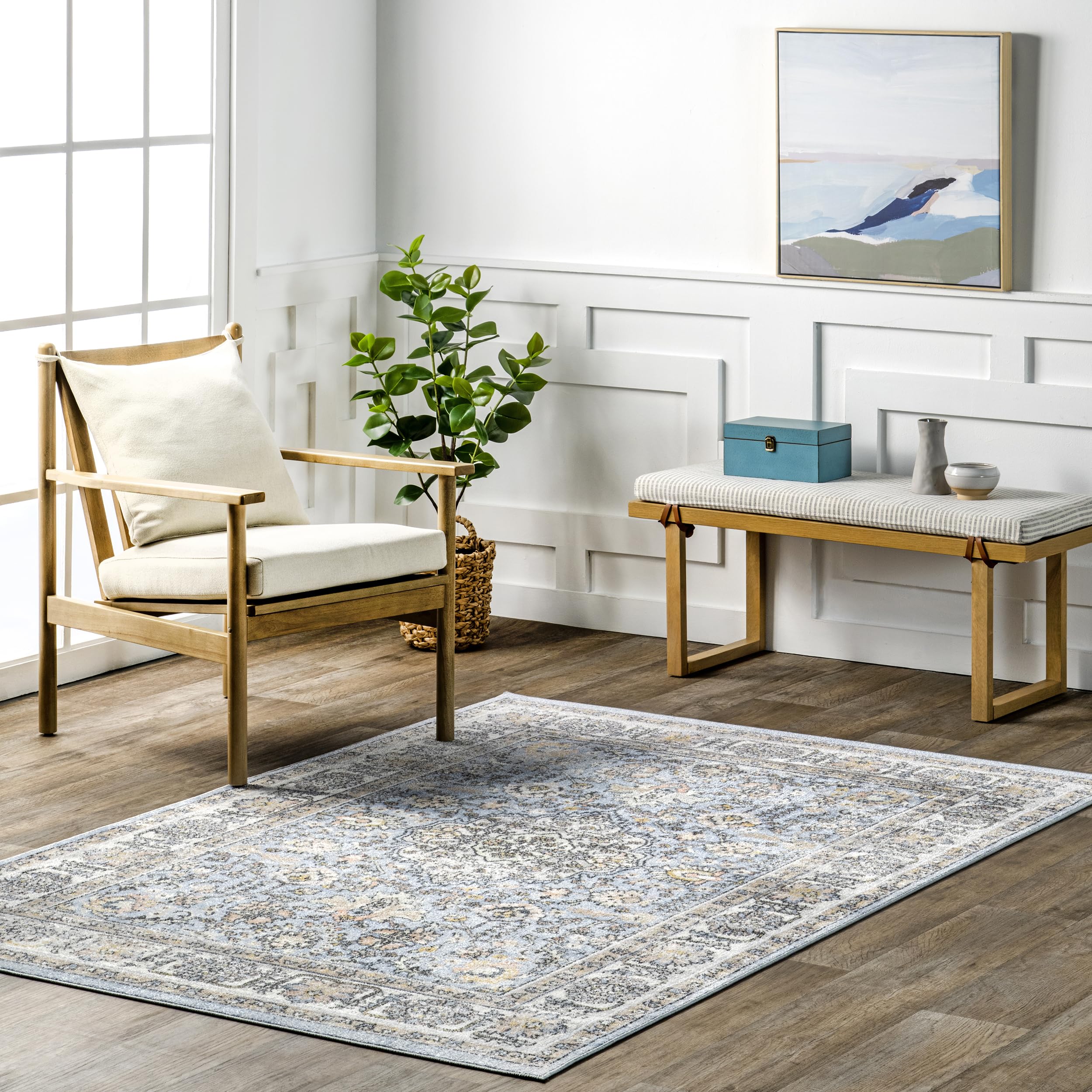 nuLOOM 8' x 10' Washable Area Rug - Stain Resistant, Medium Pile - Light Blue Valencia Design for Living Room, Bedroom & Dining Room | Perfect for High Traffic Areas & Pet-Friendly Homes