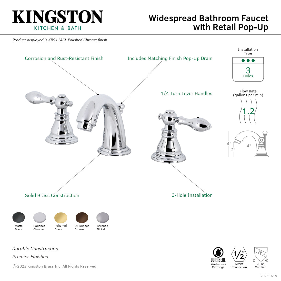 American Classic KB912ACL 3-Hole Widespread Bathroom Faucet with Pop-Up Drain - Polished Brass Finish - Perfect for Modern Bathroom Vanities and Powder Rooms