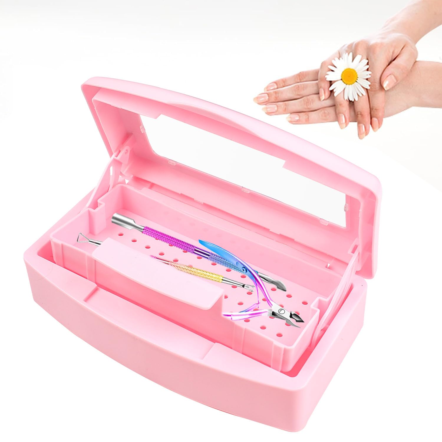 UV Nail Tool Sterilizer Box - Professional Plastic Sterilization Tray for Salon & Spa Equipment - Sanitizing Storage Organizer for Nail Clippers, Tweezers, Eyelash Extensions & Manicure Tools (Pink) - Perfect for Nail Salons, Beauty Spas & Home Manicure Kits